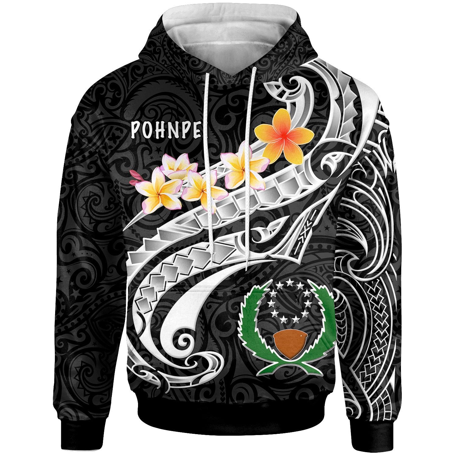 Pohnpei Hoodie Pohnpei Seal Polynesian Patterns Plumeria (Black) Unisex Black - Polynesian Pride