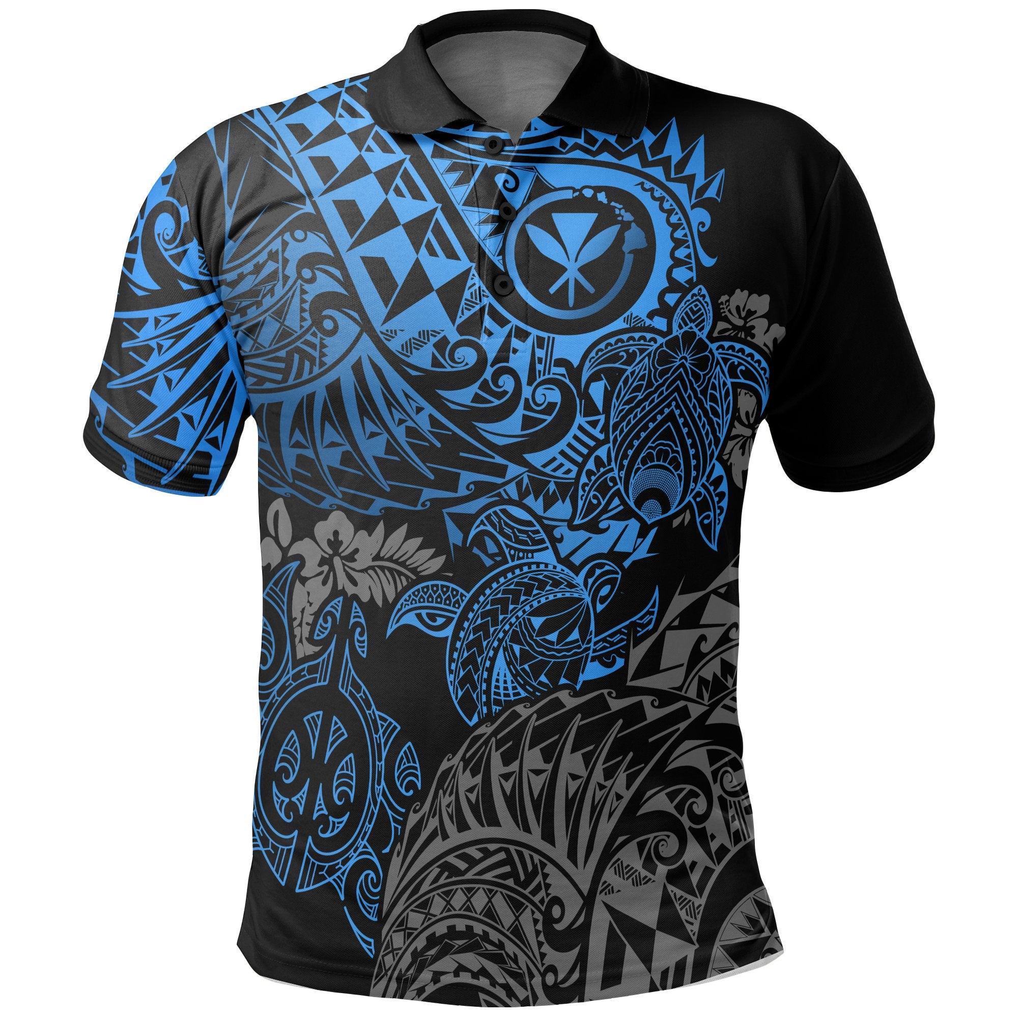 Hawaii Polo Shirt Kanaka Maoli Polynesian Blue Turtle Hibiscus Flowing Unisex BLUE - Polynesian Pride