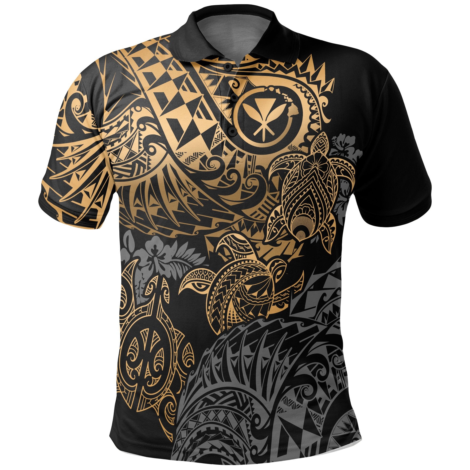 Hawaii Polo Shirt Kanaka Maoli Polynesian Gold Turtle Hibiscus Flowing Unisex GOLD - Polynesian Pride