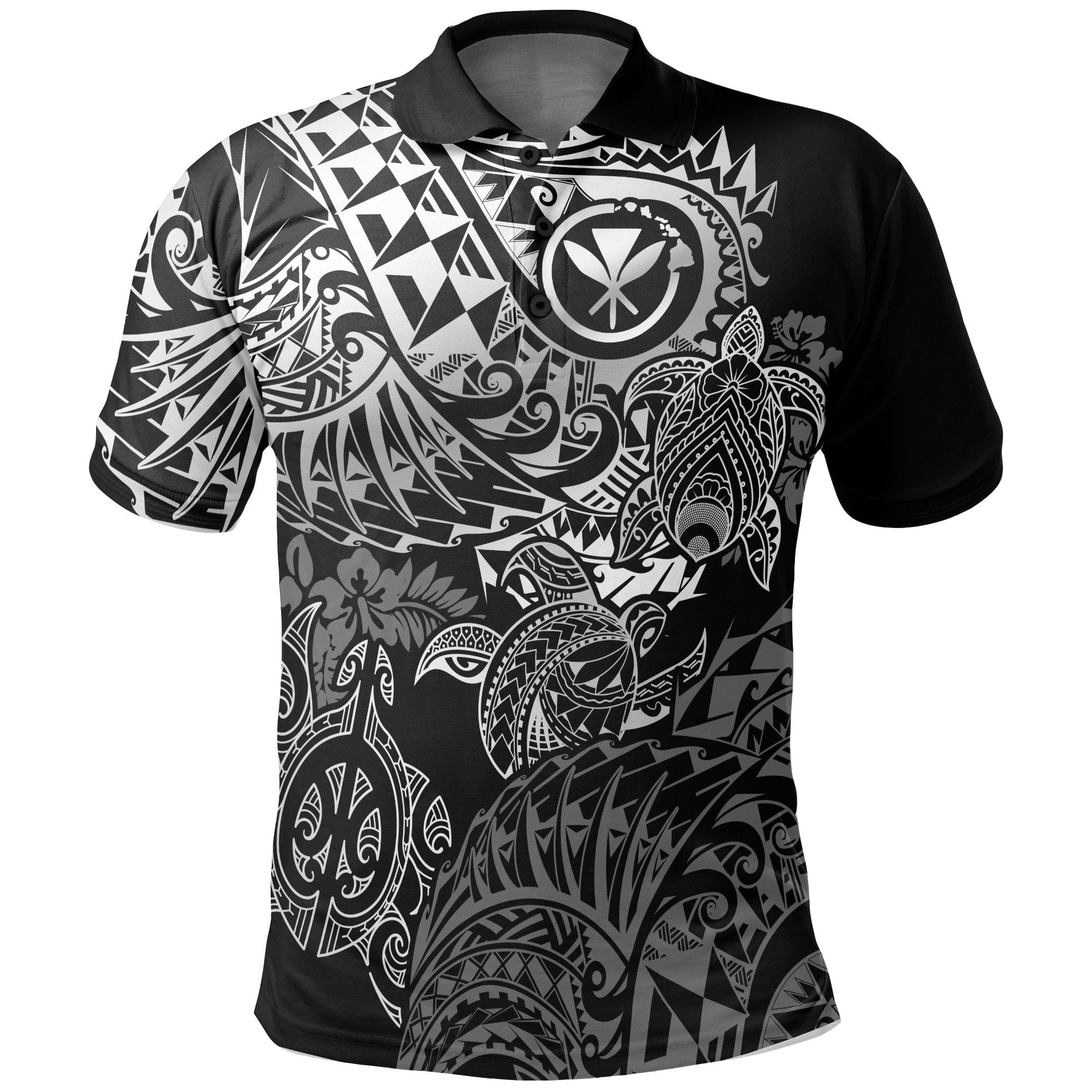 Hawaii Polo Shirt Kanaka Maoli Polynesian Black Turtle Hibiscus Flowing Unisex BLACK - Polynesian Pride