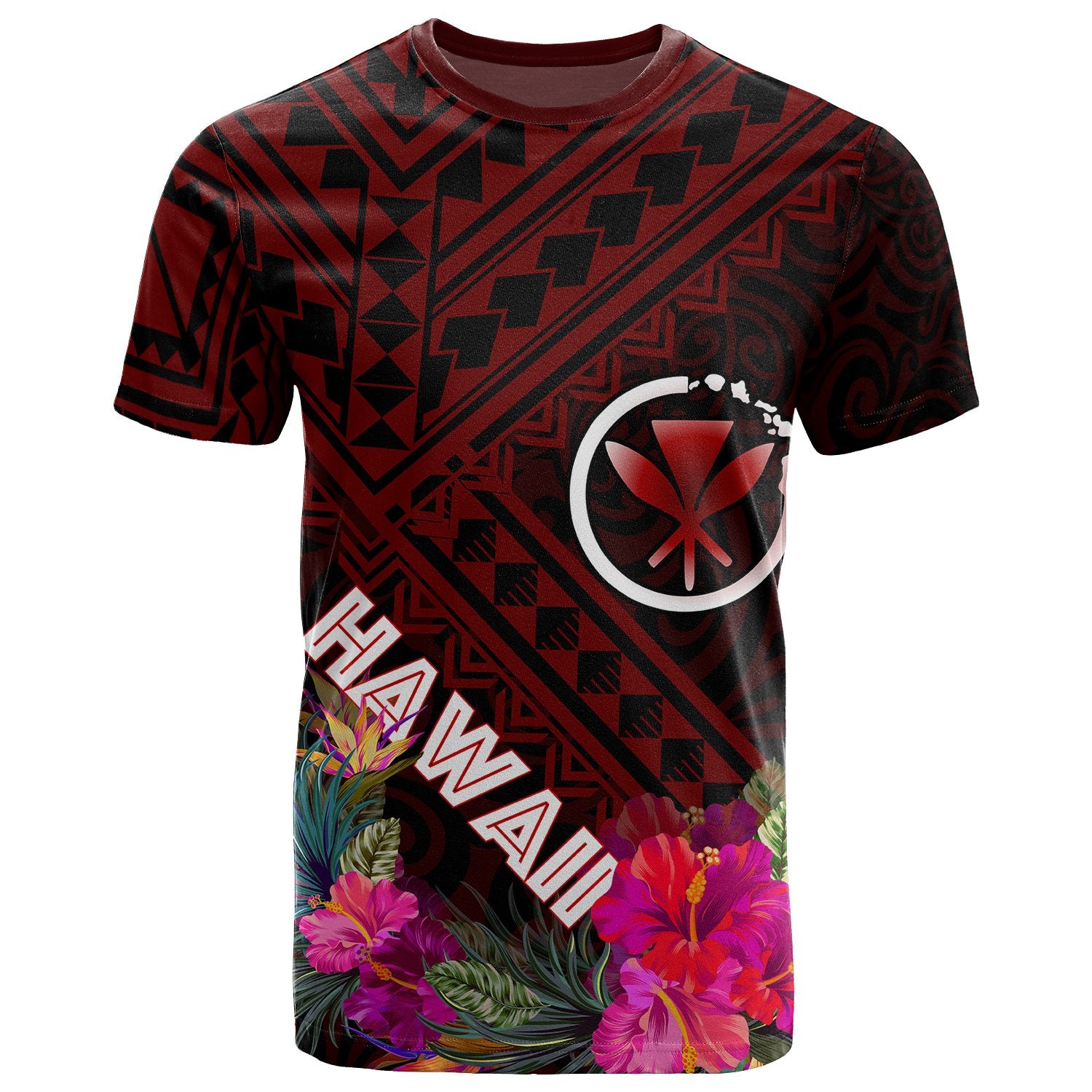 Hawaii T Shirt Kanaka Maoli With Hibiscus On Polynesian Patterns (RED) Unisex Red - Polynesian Pride