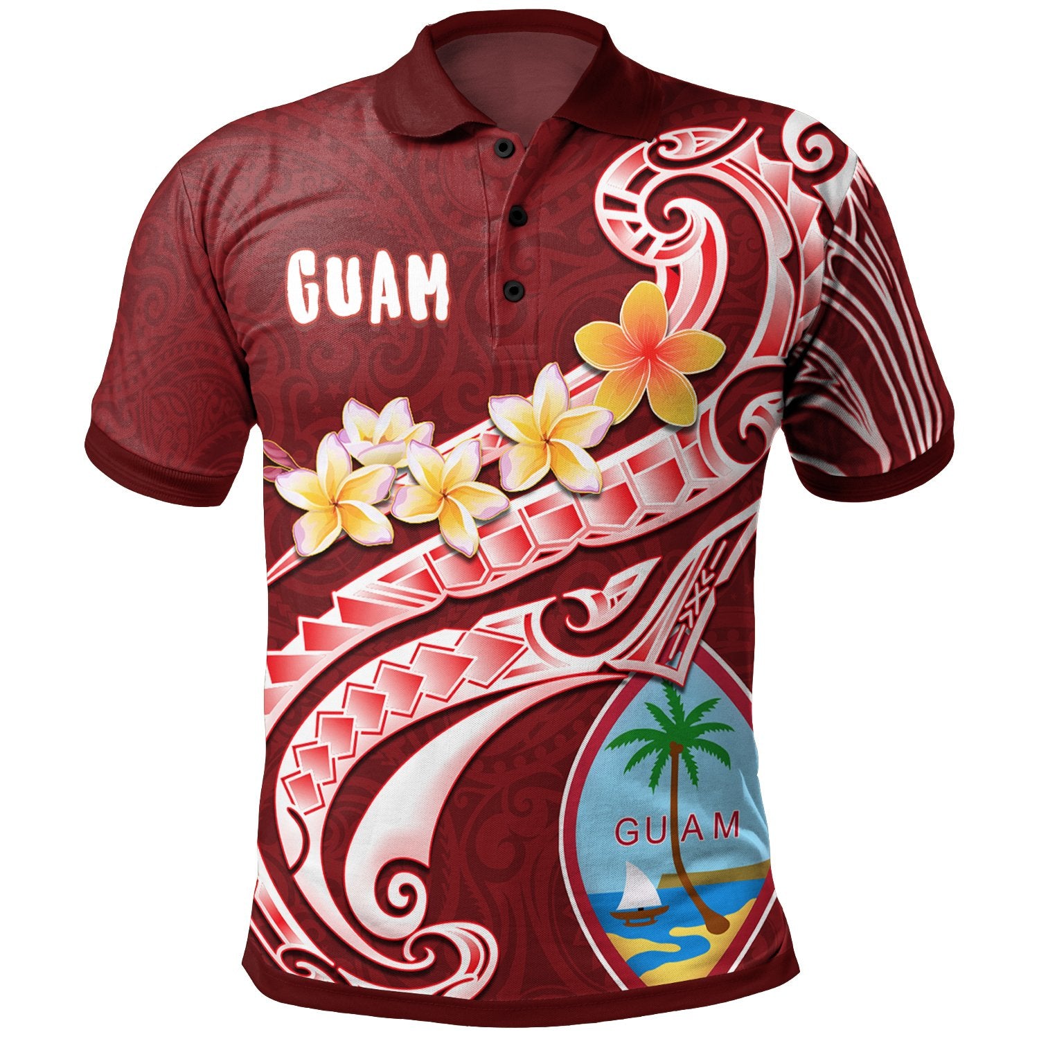 Guam Polynesian Hawaii Polo Guam Seal Polynesian Patterns Plumeria (Red) Unisex Red - Polynesian Pride