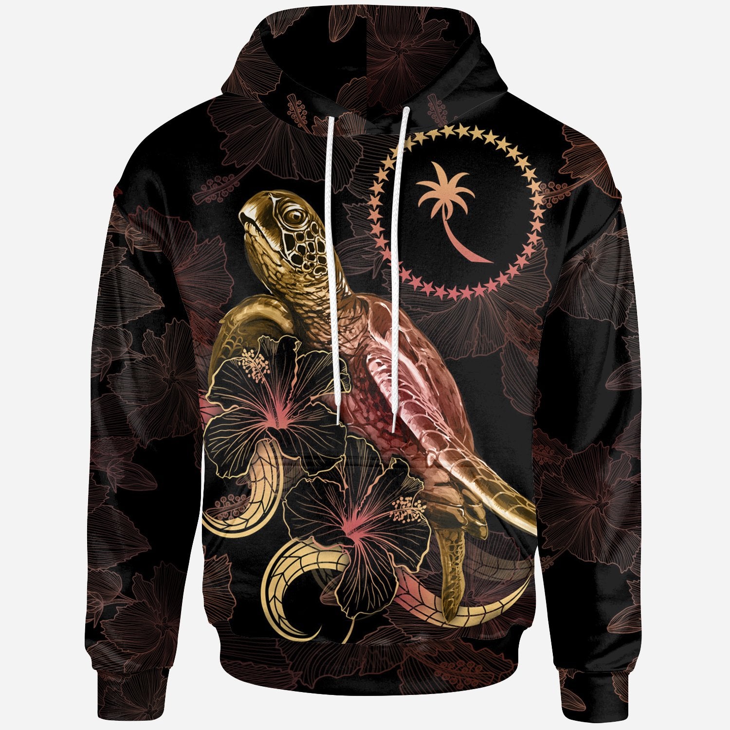 Chuuk Polynesian Hoodie Turtle With Blooming Hibiscus Gold Unisex Gold - Polynesian Pride