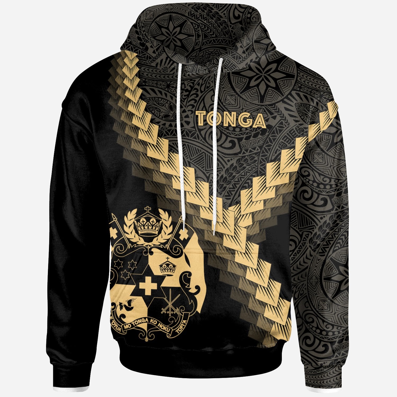 Tonga Hoodie Tonga Coat of Arms With Polynesian Tattoo Gold Unisex Gold - Polynesian Pride