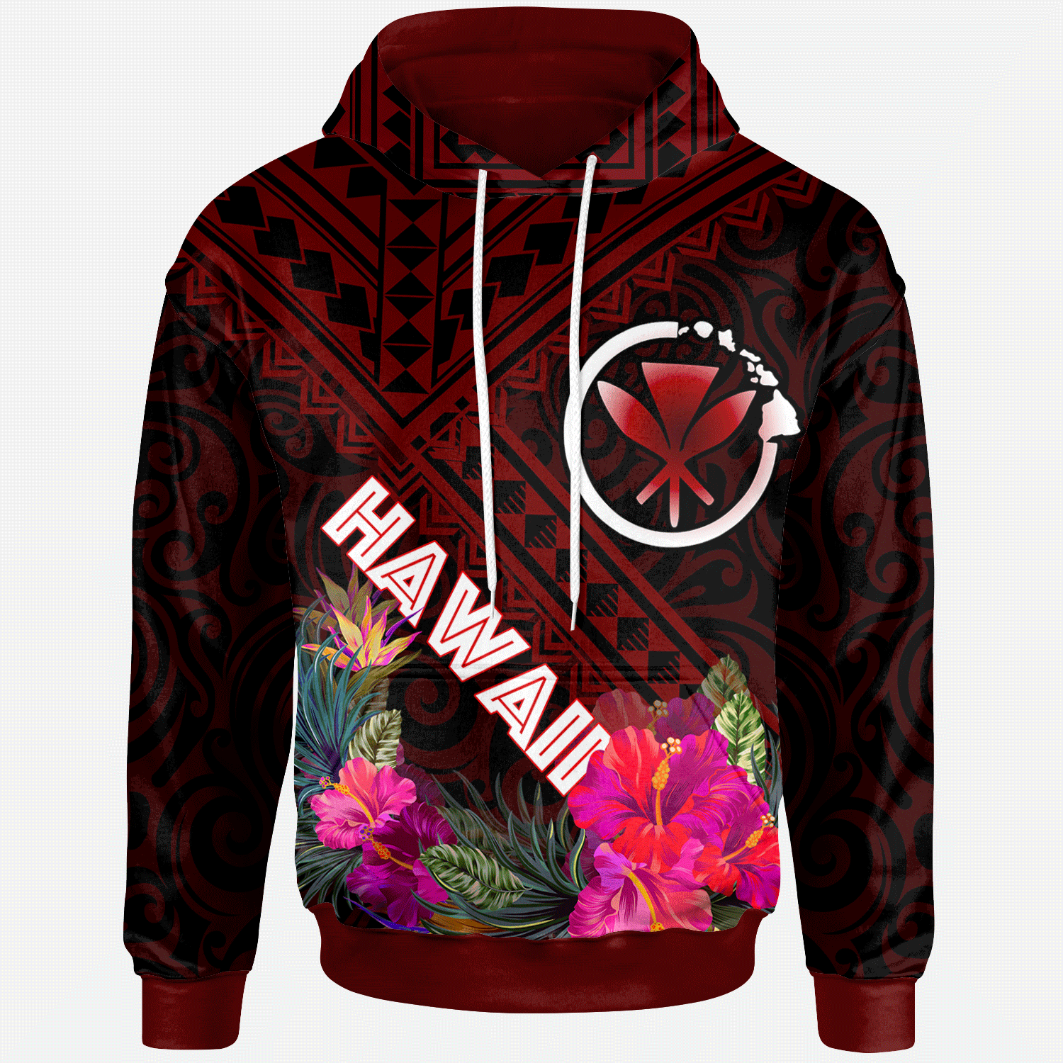 Hawaii Hoodie Kanaka Maoli With Hibiscus On Polynesian Patterns (RED) Unisex Red - Polynesian Pride