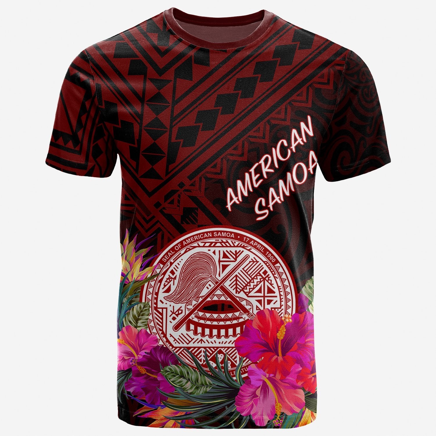 American Samoa T Shirt Coat of Arm With Polynesian Patterns Unisex Red - Polynesian Pride