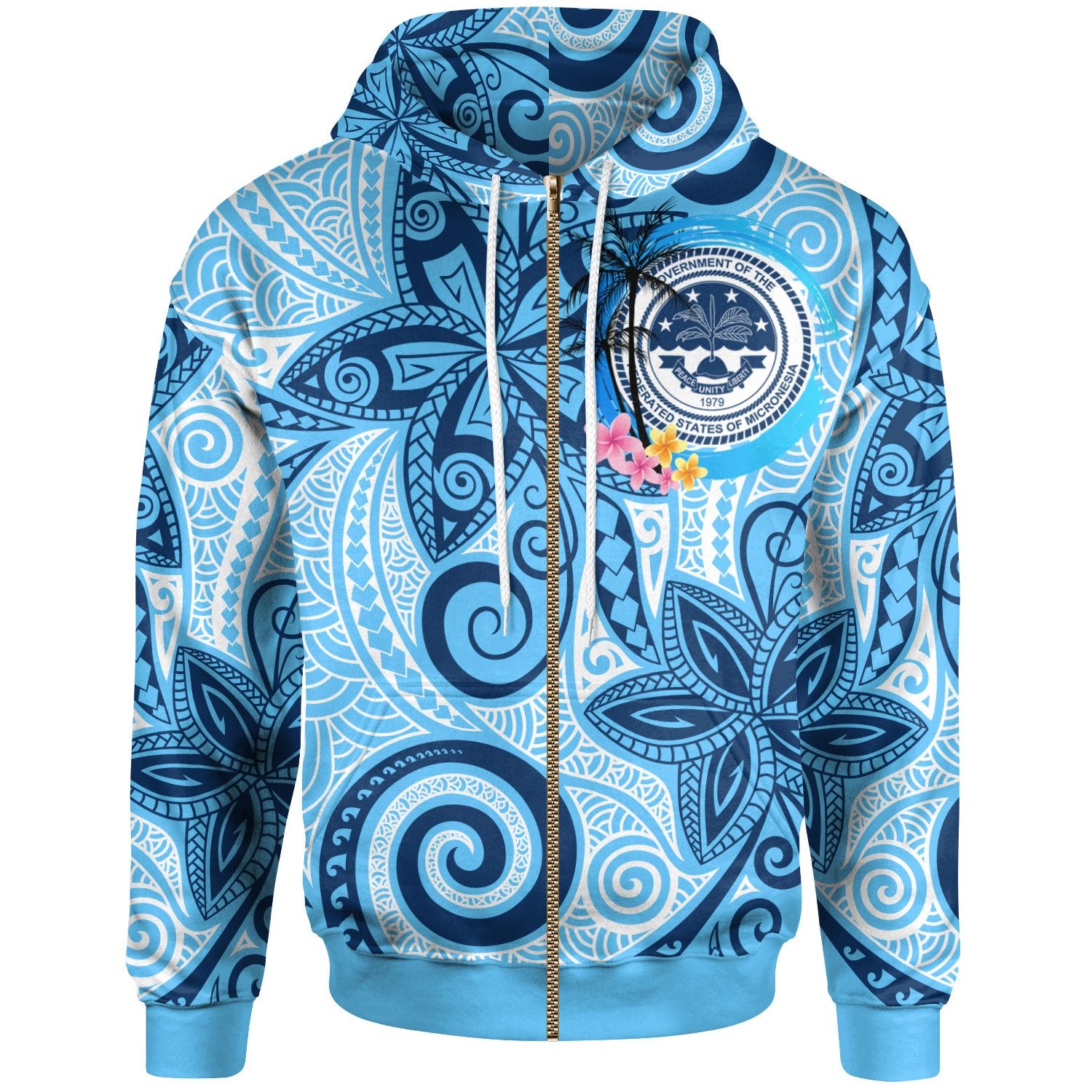 Federated of States Micronesia Zip Hoodie Tribal Plumeria Pattern Unisex Blue - Polynesian Pride