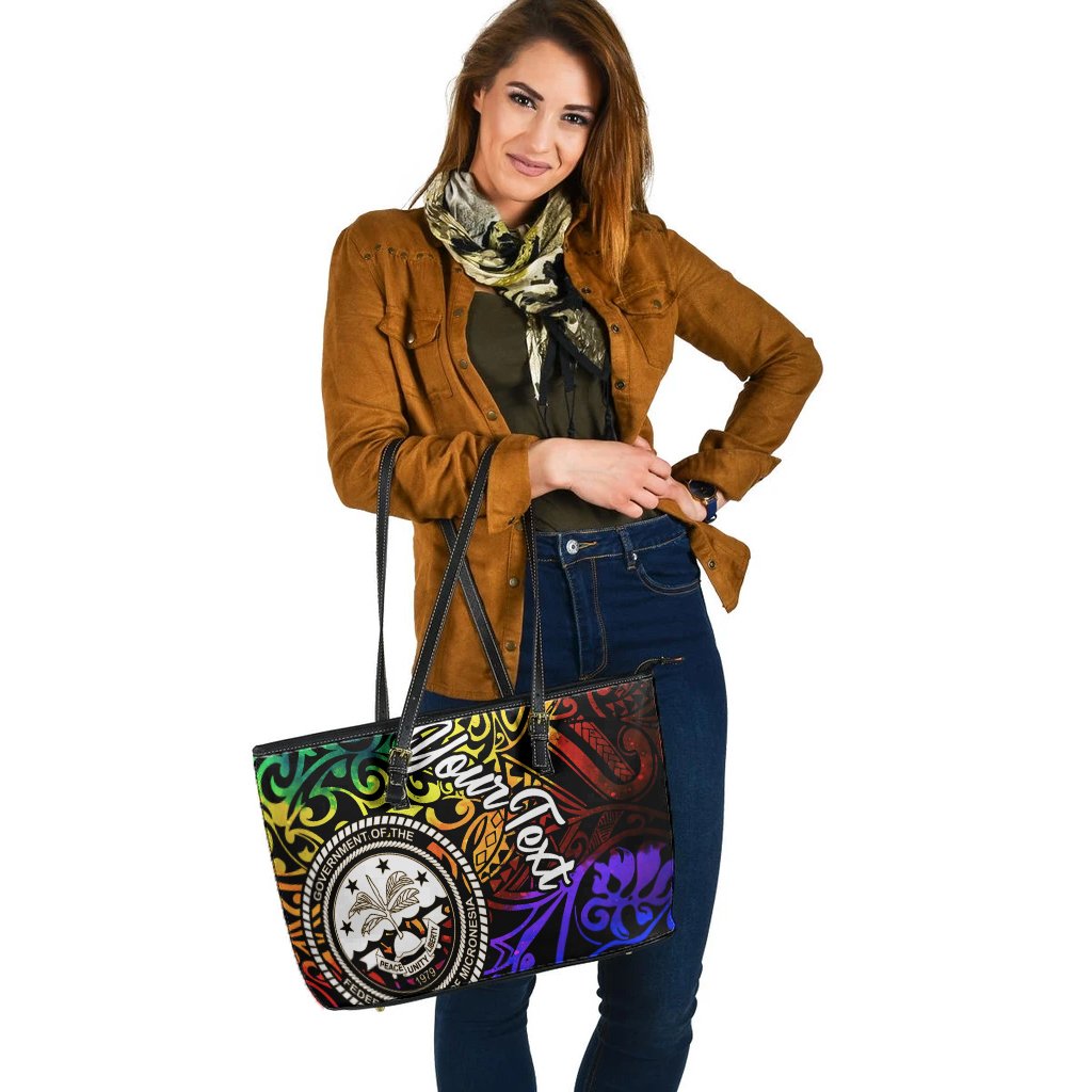 Federated States of Micronesia Custom Personalised Leather Tote Bag - Rainbow Polynesian Pattern - Polynesian Pride