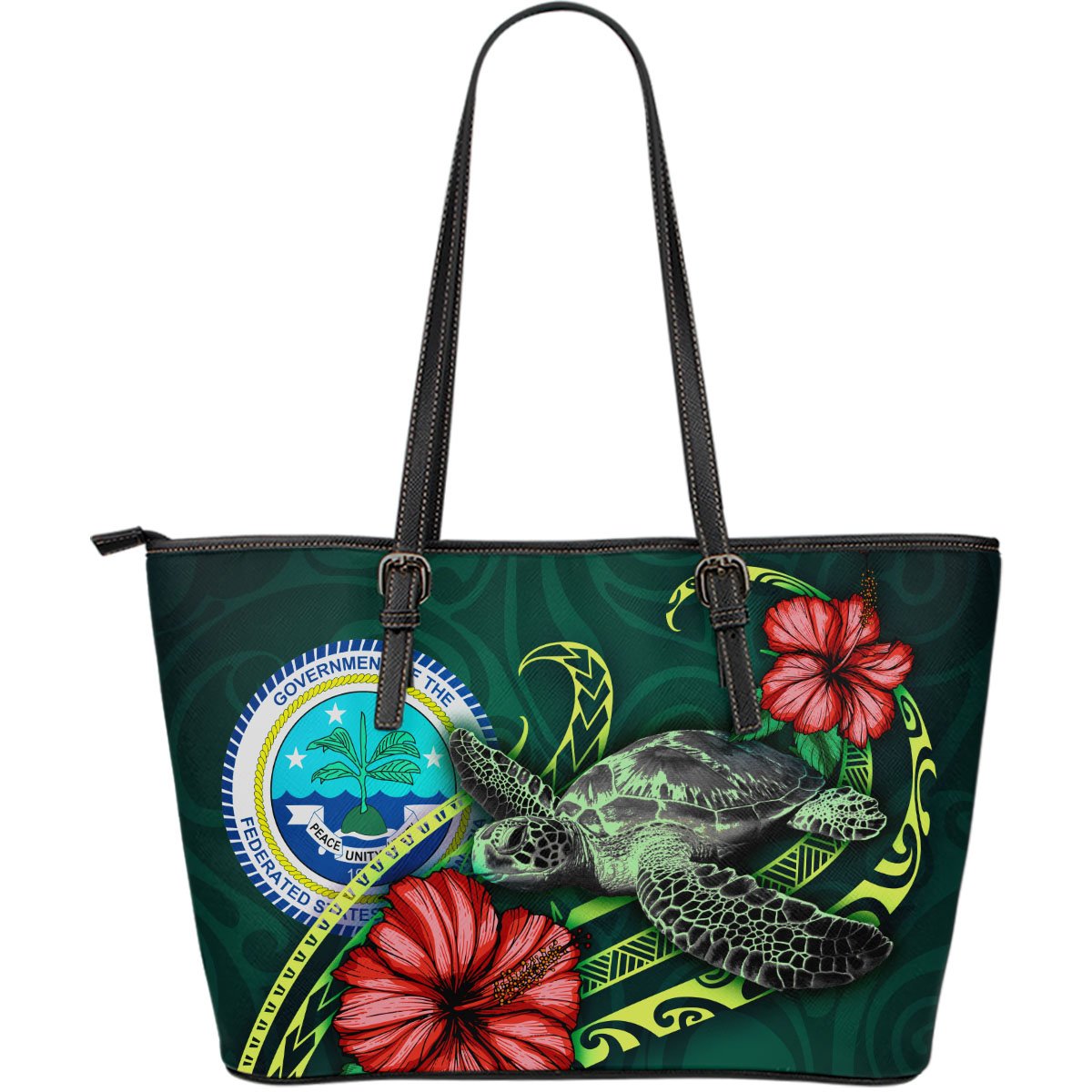 Federated States Of Micronesia Leather Tote Bag - Green Turtle Hibiscus Green - Polynesian Pride