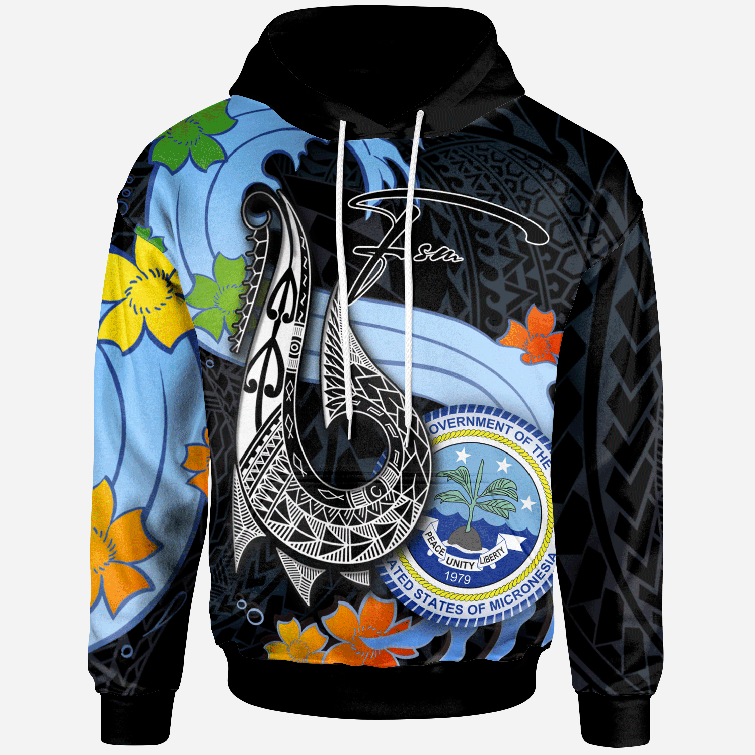 Federated States of Micronesia Hoodie Fish Hooks and Wave Unisex Black - Polynesian Pride