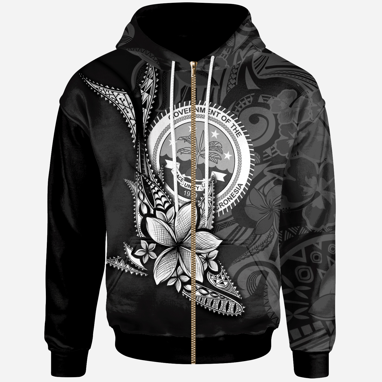 Federated States of Micronesia Custom Zip Hoodie Fish With Plumeria Flowers Style Unisex Black - Polynesian Pride