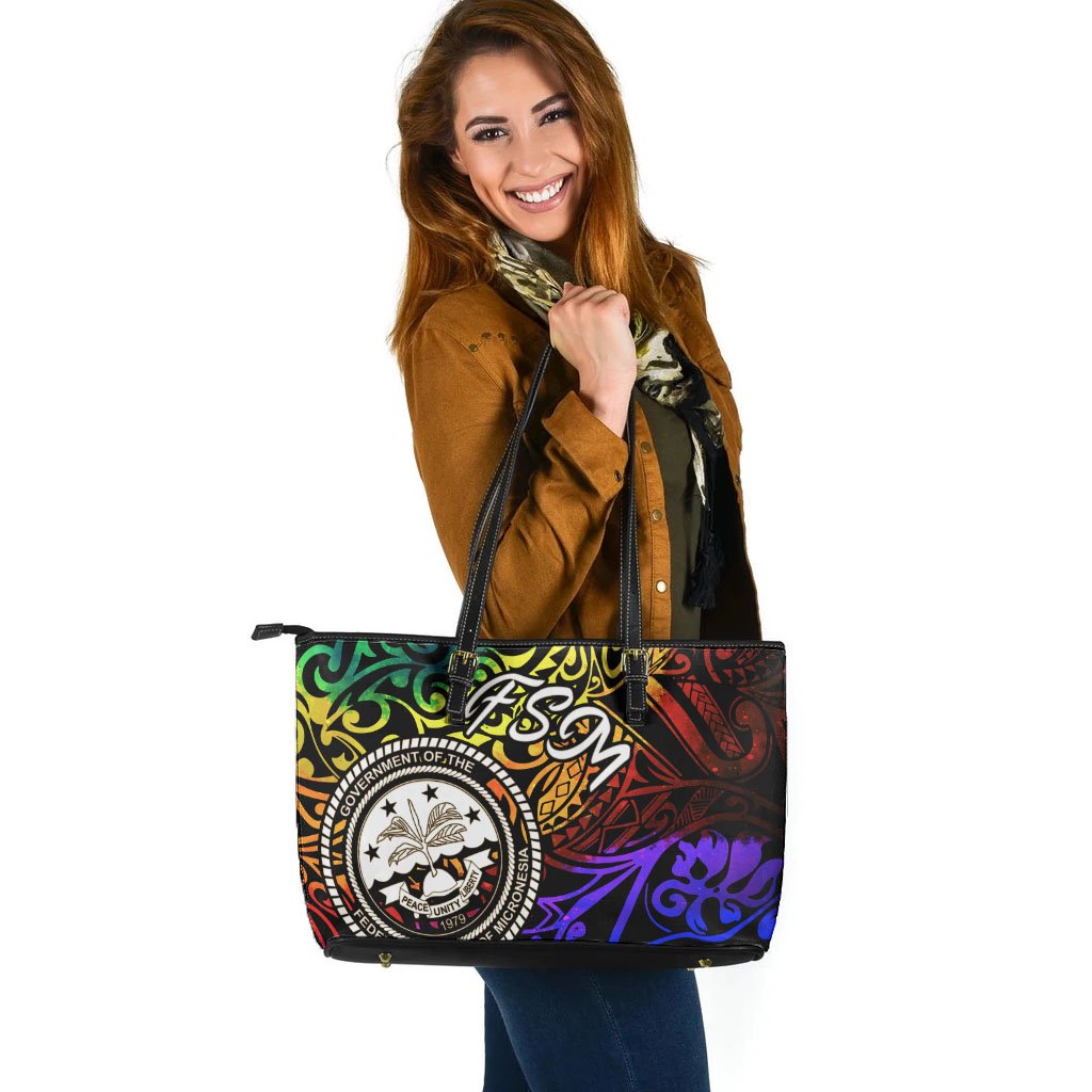 Federated States of Micronesia Large Leather Tote Bag - Rainbow Polynesian Pattern Rainbow - Polynesian Pride