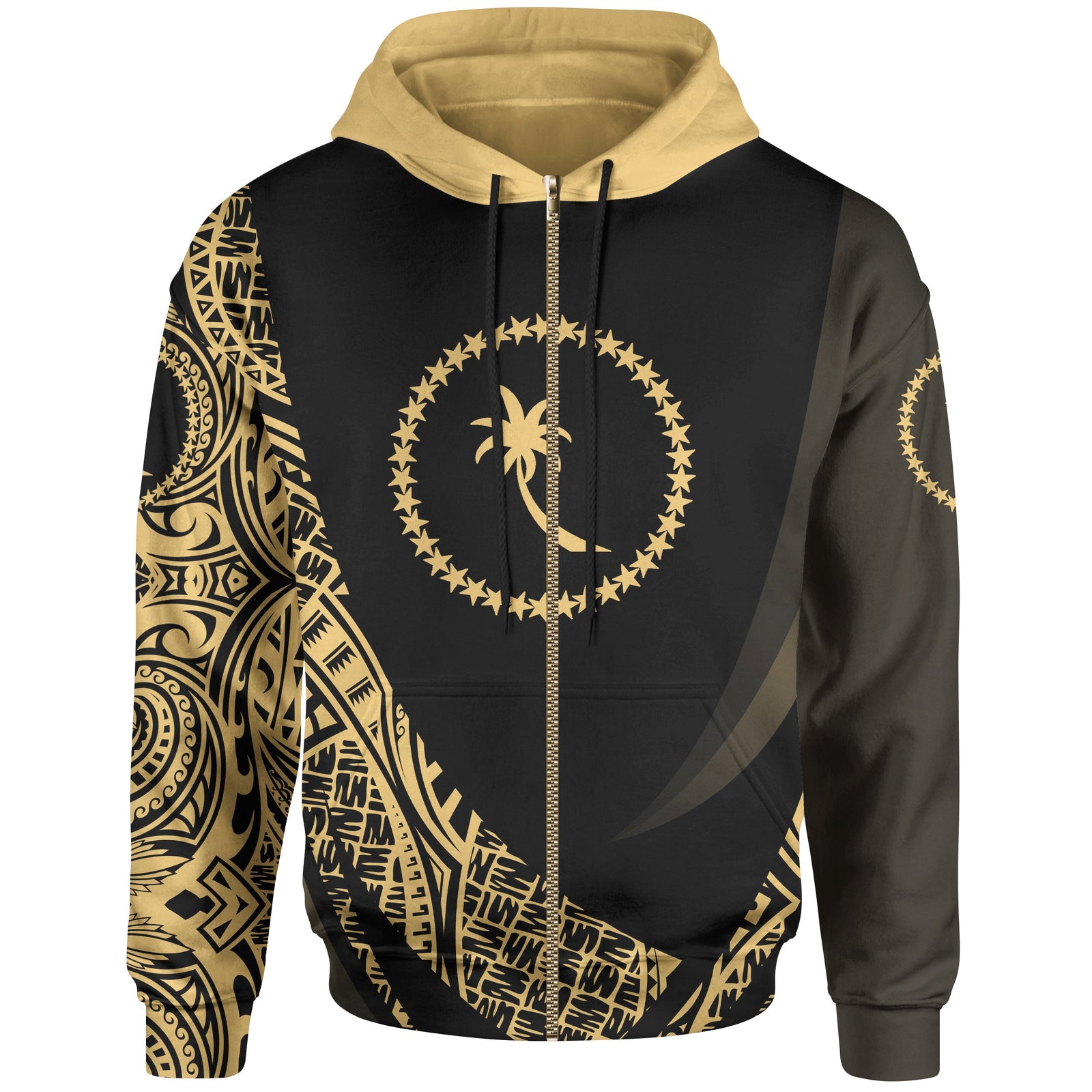 Chuuk State Zip Hoodie Gold Polynesian Patterns Sport Style Unisex Black - Polynesian Pride
