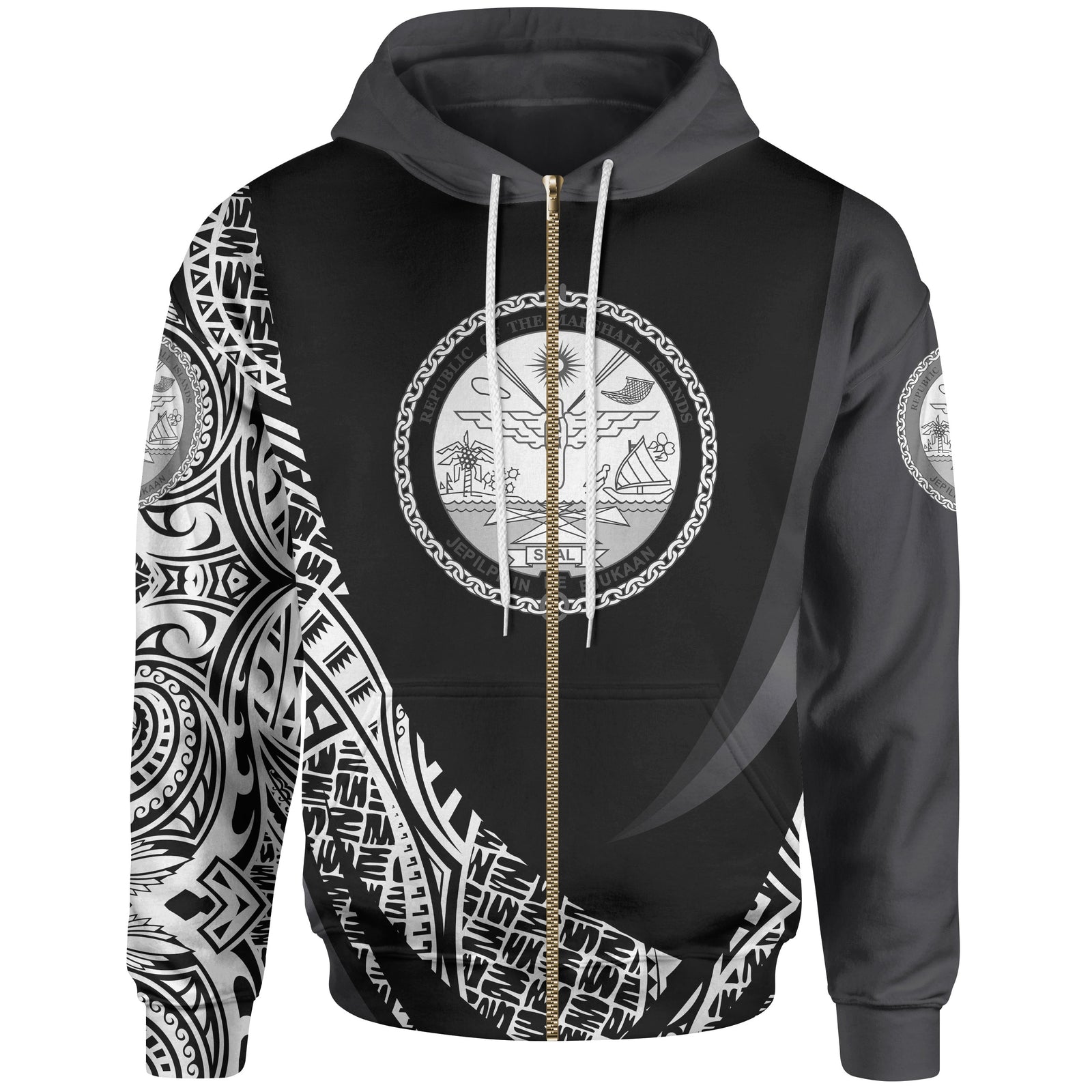 Marshall Islands Zip Hoodie White Polynesian Patterns Sport Style Unisex Black - Polynesian Pride