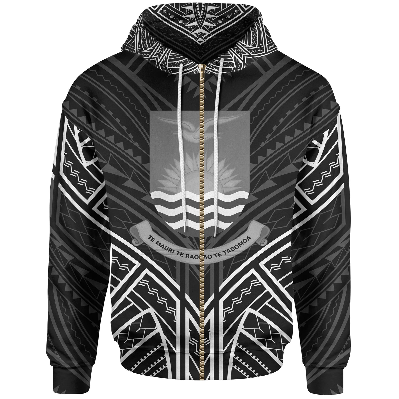 Kiribati Zip Hoodie Kiribati Seal Black Tribal Patterns Unisex White - Polynesian Pride
