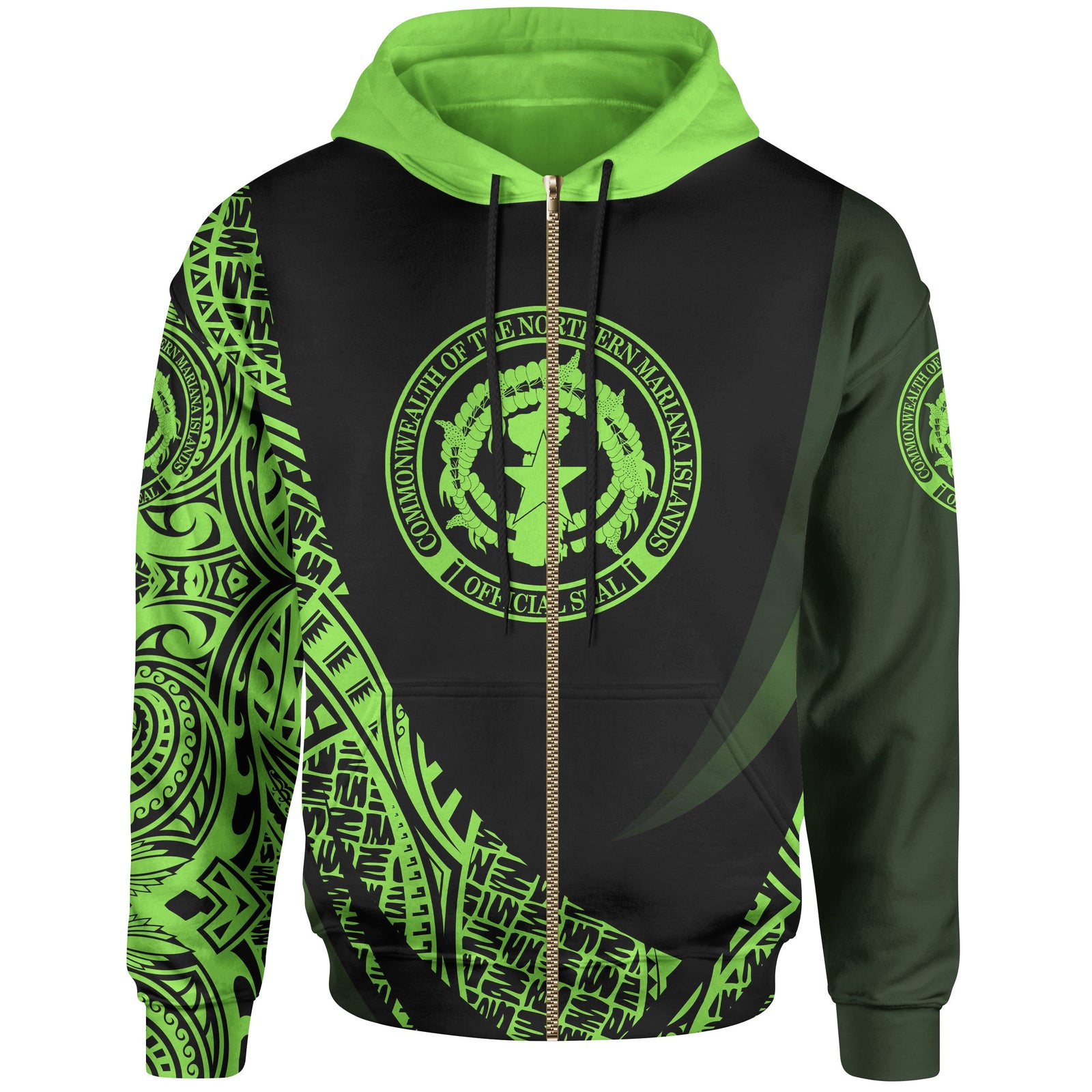 Northern Mariana Islands Zip Hoodie Green Polynesian Patterns Sport Style Unisex Black - Polynesian Pride