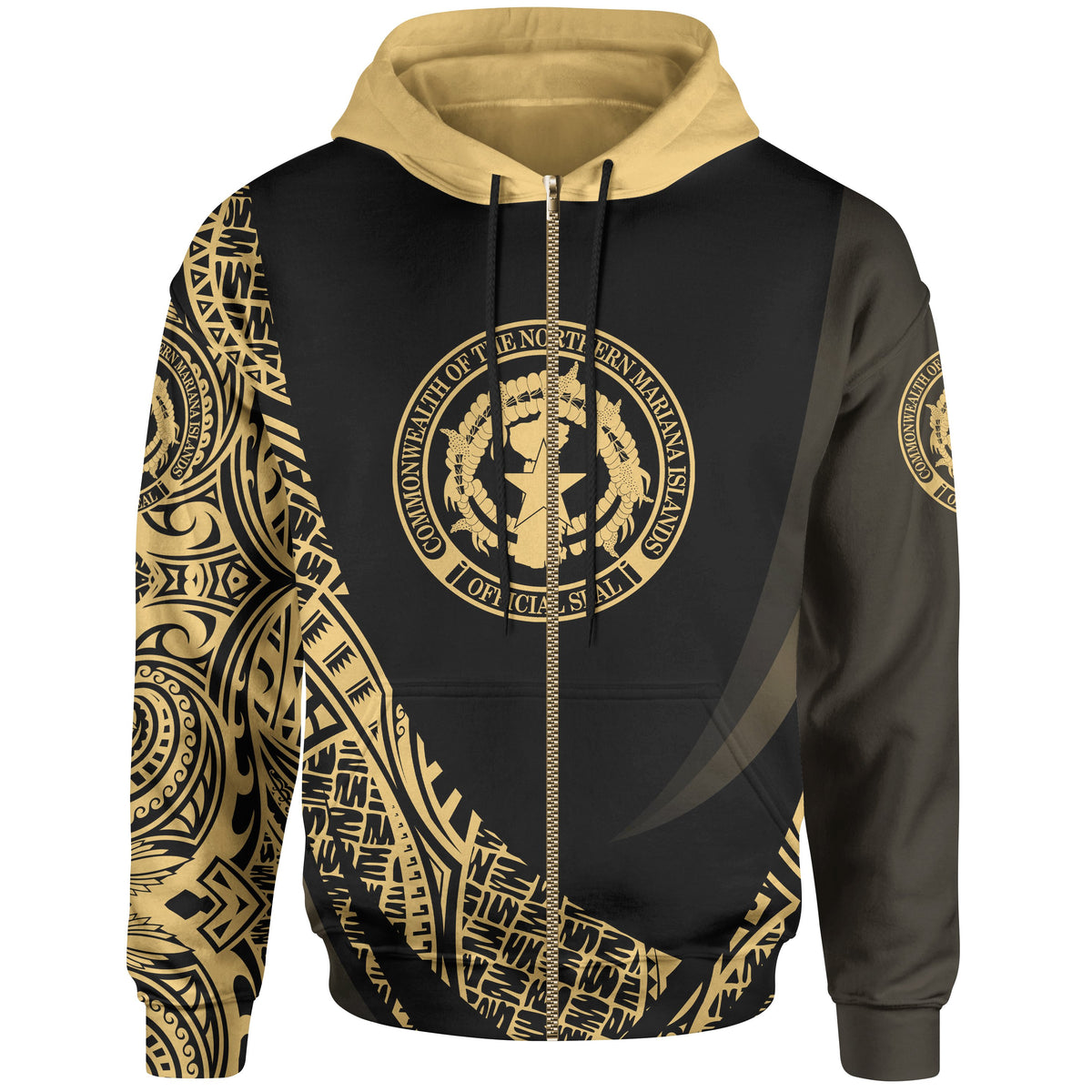Northern Mariana Islands Zip Hoodie Gold Polynesian Patterns Sport Style Unisex Black - Polynesian Pride
