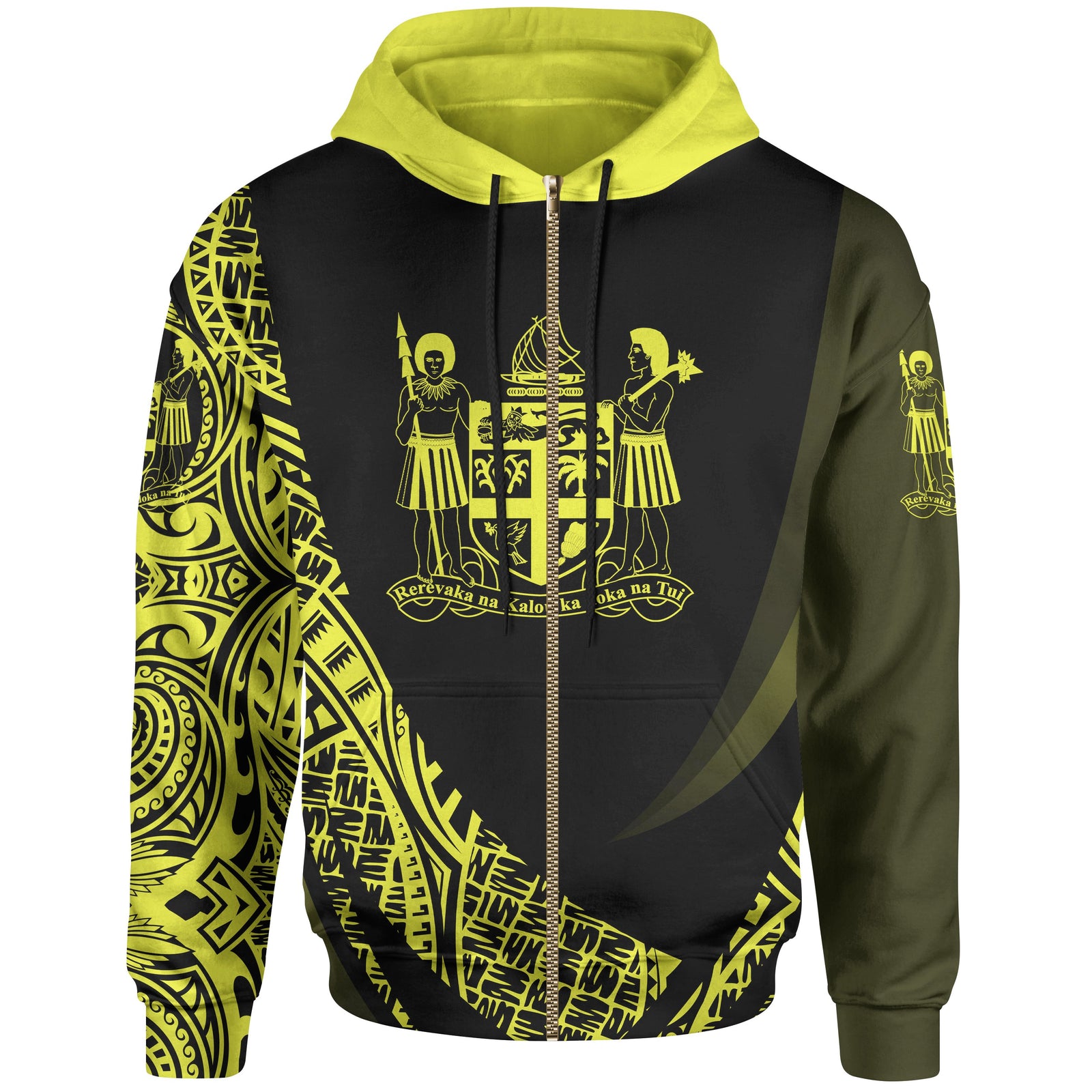 Fiji Zip Hoodie Yellow Polynesian Patterns Sport Style Unisex Black - Polynesian Pride