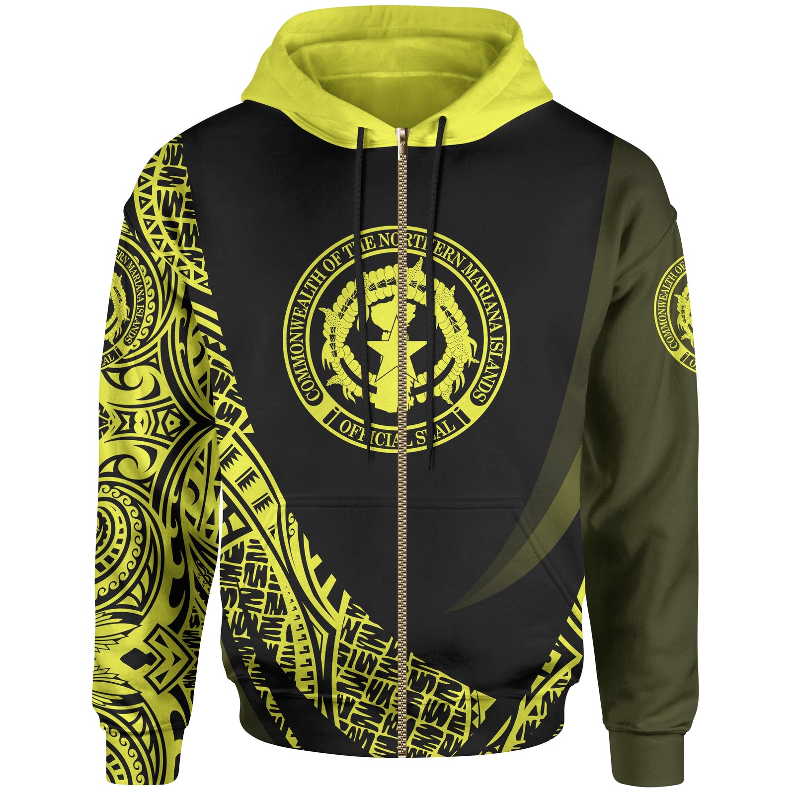 Northern Mariana Islands Zip Hoodie Yellow Polynesian Patterns Sport Style Unisex Black - Polynesian Pride