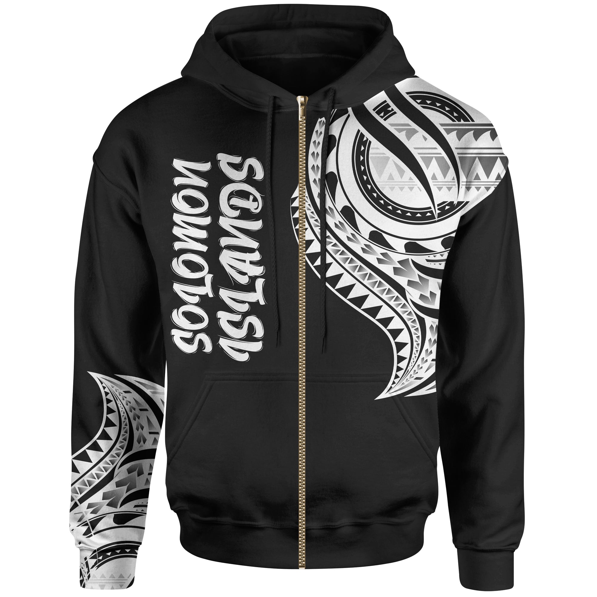 Solomon Islands Zip Hoodie Solomon Islands Tatau White Patterns Unisex Black - Polynesian Pride