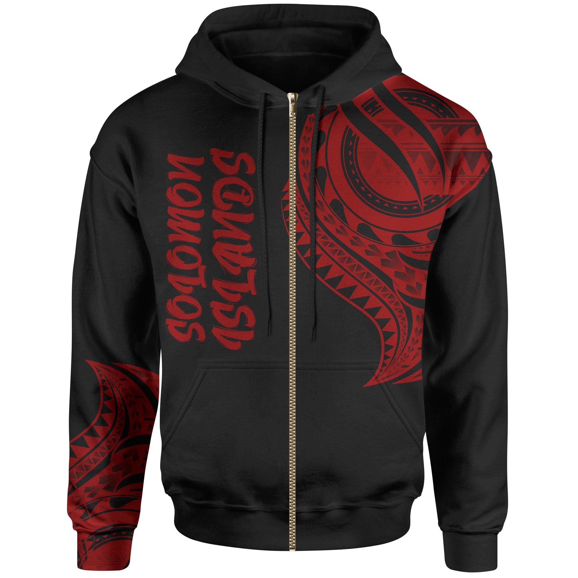 Solomon Islands Zip Hoodie Solomon Islands Tatau Red Patterns Unisex Black - Polynesian Pride