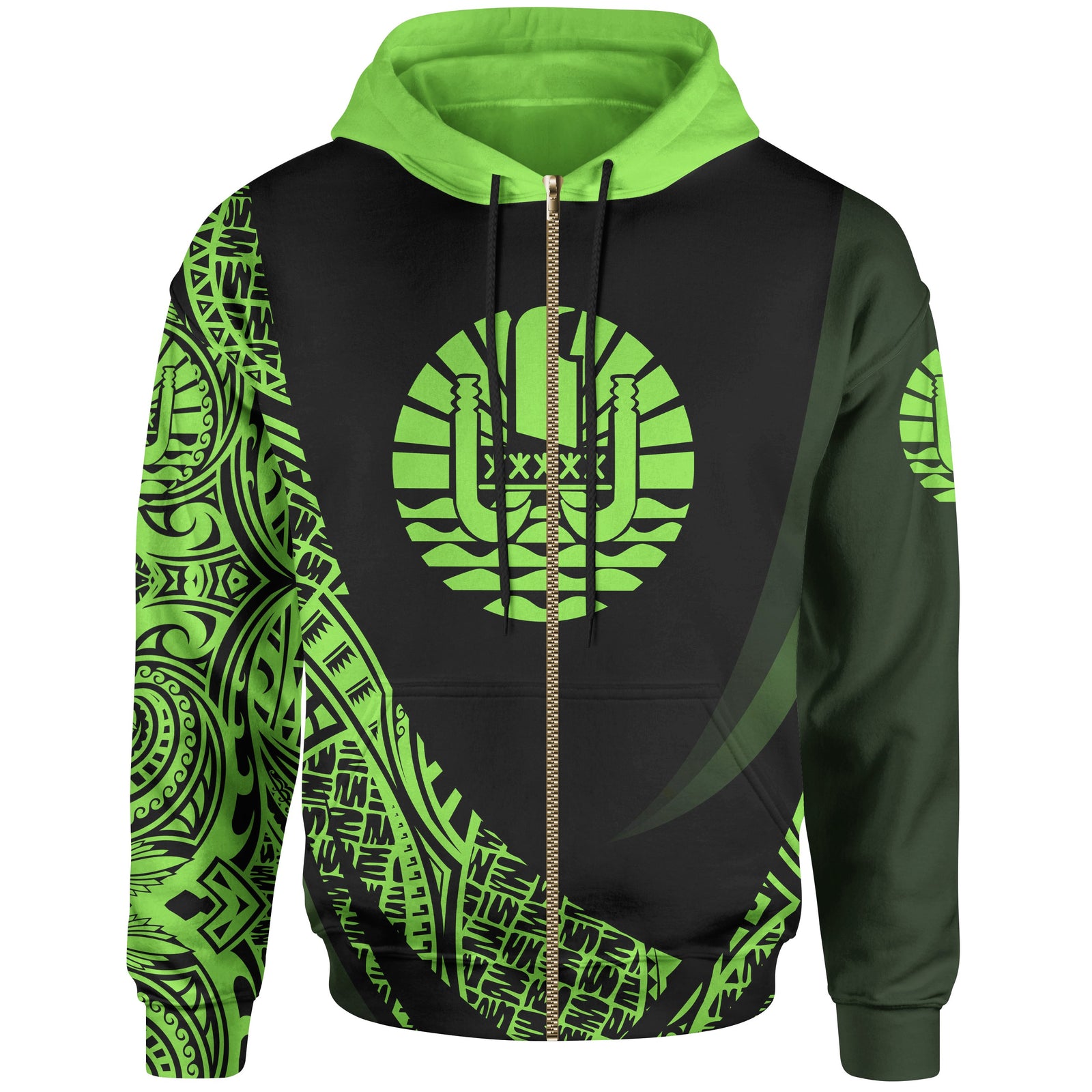 Tahiti Zip Hoodie Green Polynesian Patterns Sport Style Unisex Black - Polynesian Pride