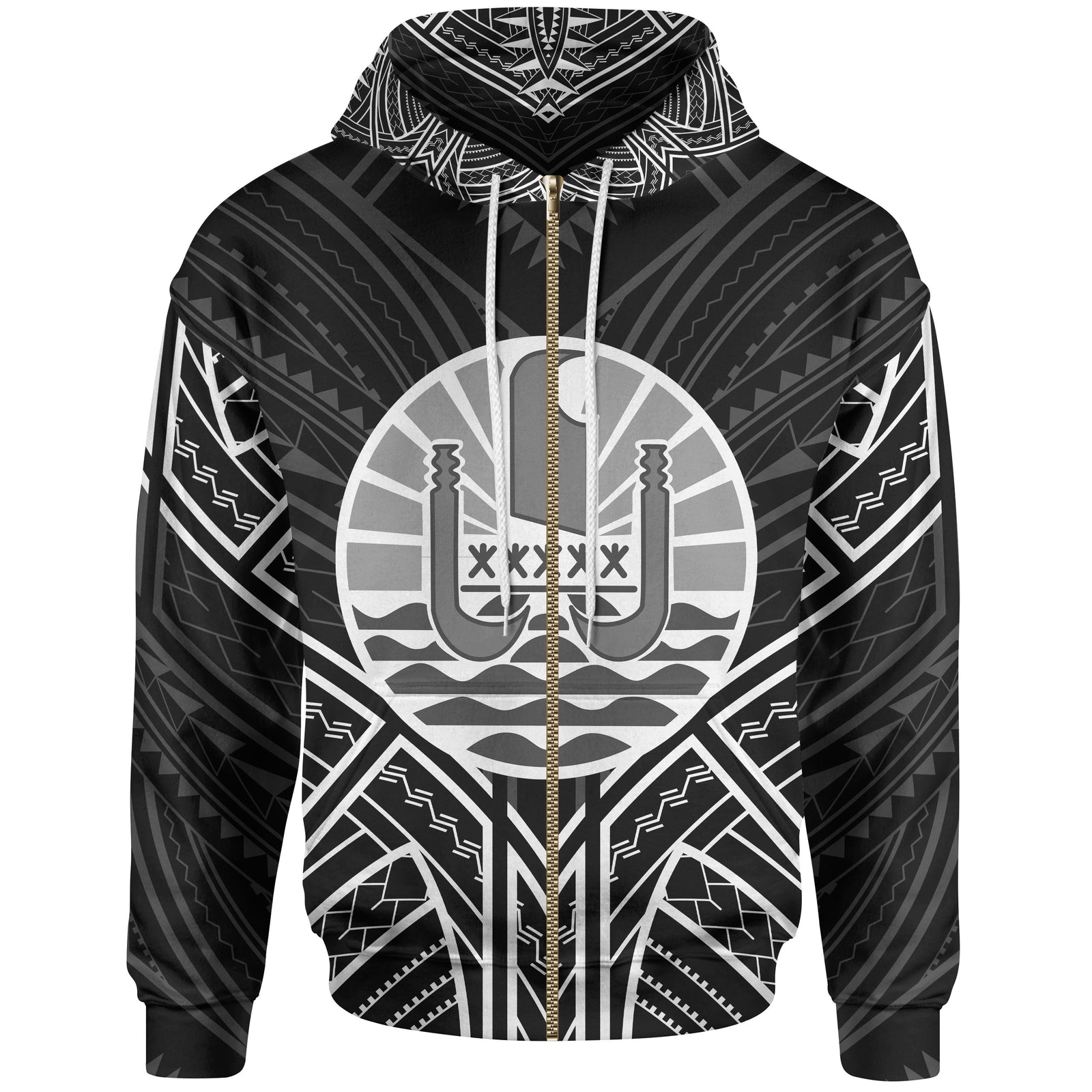 French Polynesia Zip Hoodie French Polynesia Seal Black Tribal Patterns Unisex White - Polynesian Pride