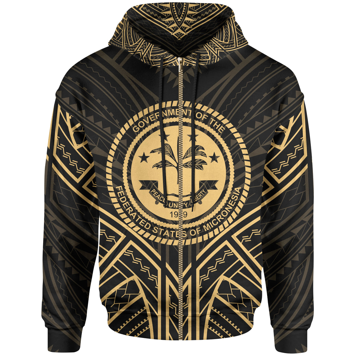 Federated States of Micronesia Zip Hoodie Federated States of Micronesia Seal Gold Tribal Patterns Unisex Black - Polynesian Pride