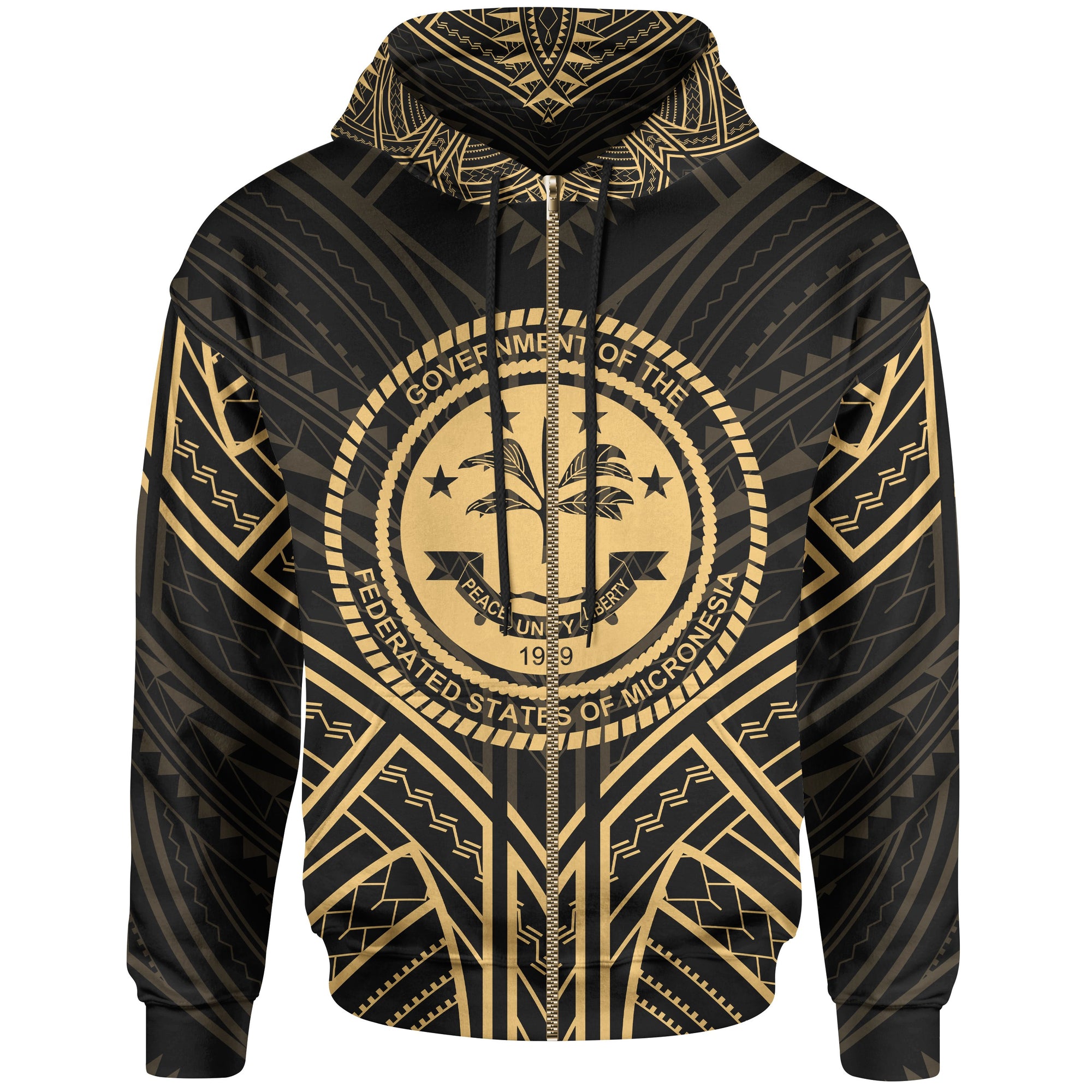 Federated States of Micronesia Zip Hoodie Federated States of Micronesia Seal Gold Tribal Patterns Unisex Black - Polynesian Pride