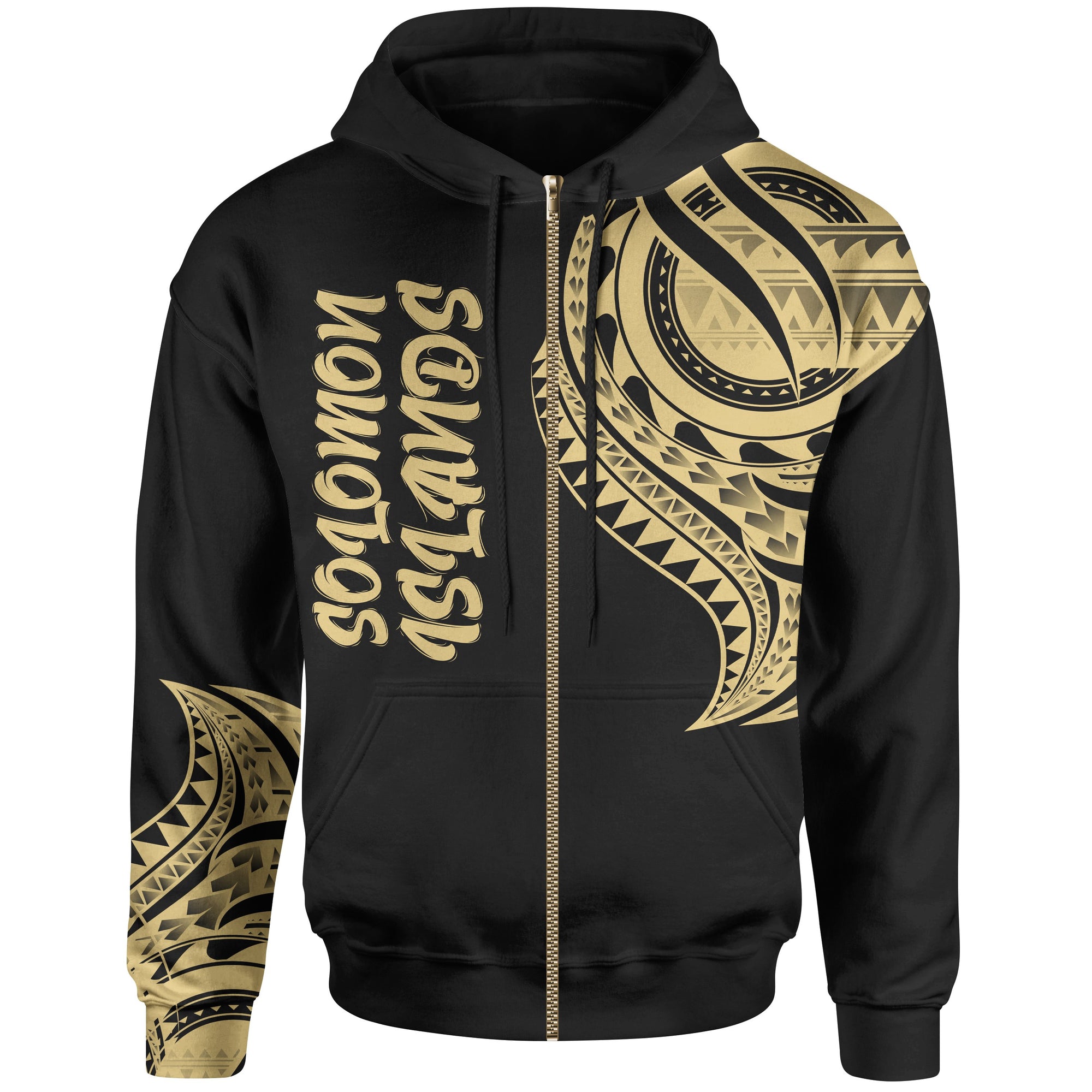 Solomon Islands Zip Hoodie Solomon Islands Tatau Gold Patterns Unisex Black - Polynesian Pride