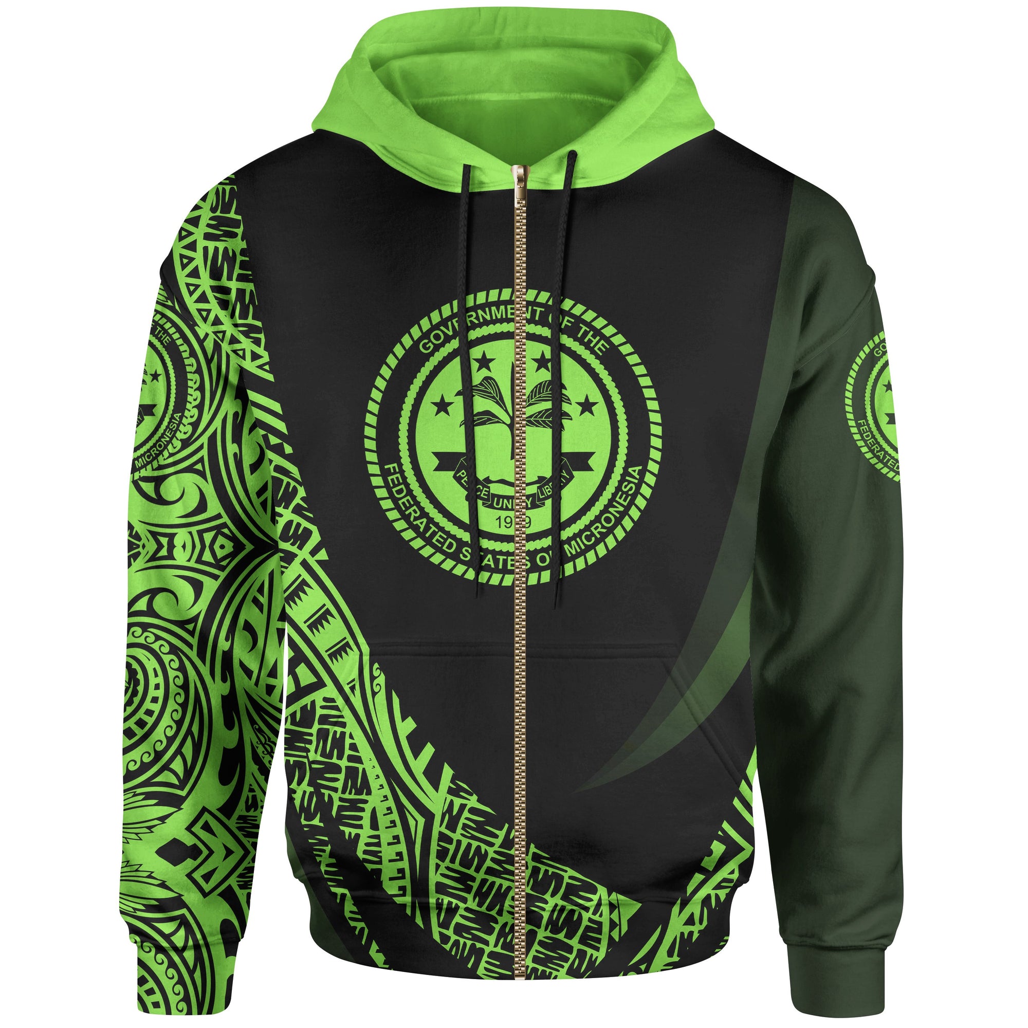 Federated States of Micronesia Zip Hoodie Green Polynesian Patterns Sport Style Unisex Black - Polynesian Pride