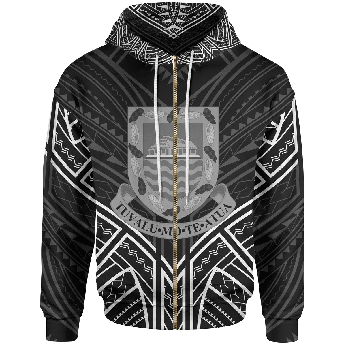 Tuvalu Zip Hoodie Tuvalu Seal Black Tribal Patterns Unisex White - Polynesian Pride