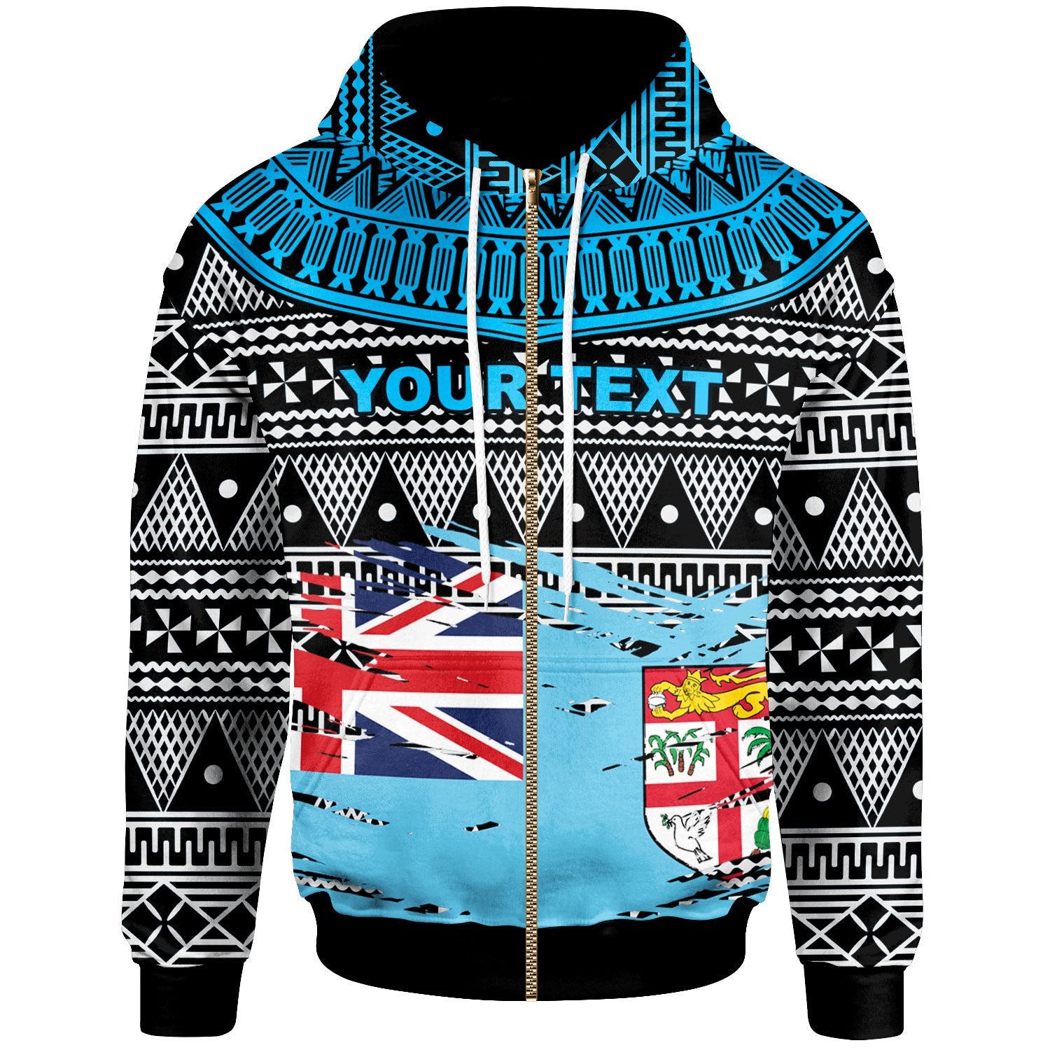 Fiji Custom Zip up Hoodie Fiji Tapa Pattern With Flag Unisex Blue - Polynesian Pride