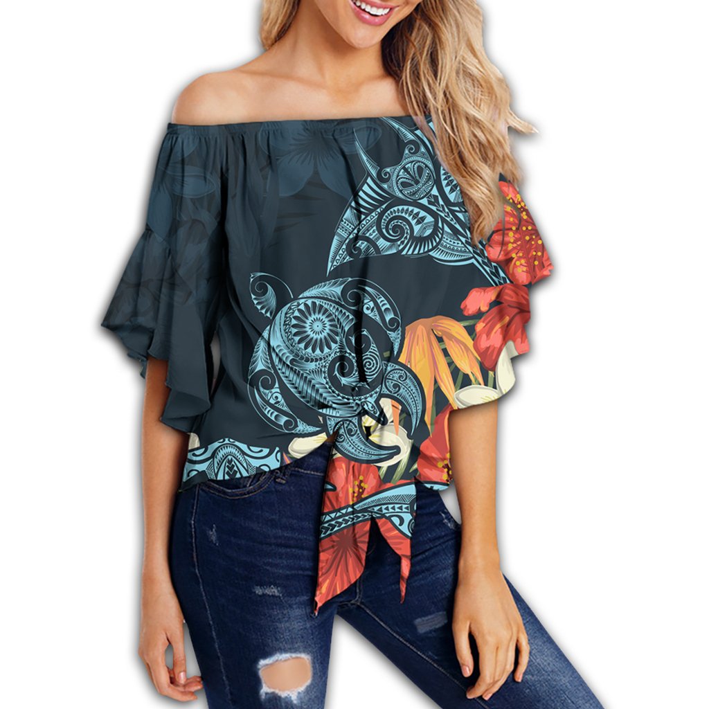 Hawaii Turtle Shark Manta Ray Hibiscus Plumeria Women's Off Shoulder Wrap Waist Top - AH Violet Female - Polynesian Pride