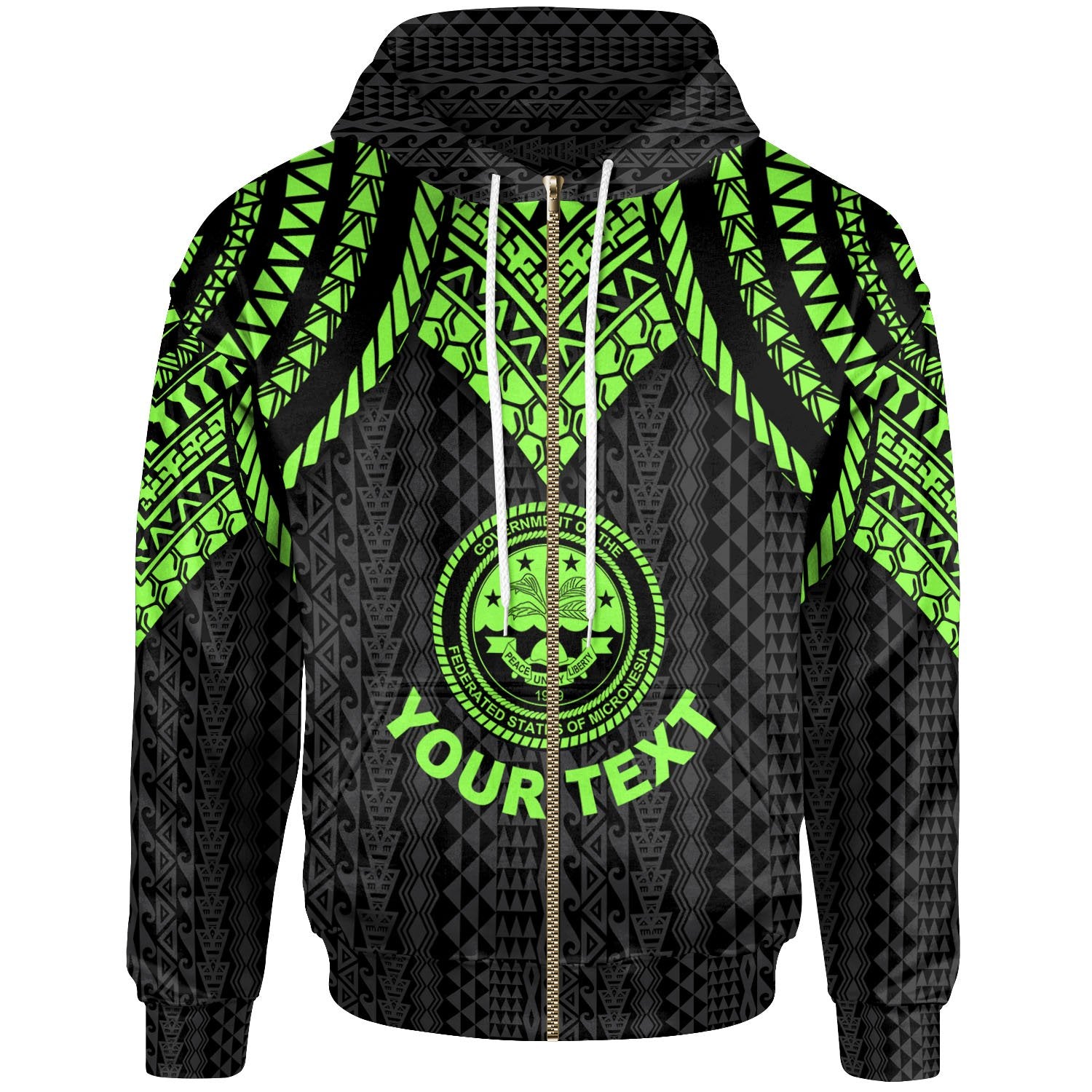 Federated States of Micronesia Custom Zip up Hoodie Polynesian Armor Style Green Unisex Green - Polynesian Pride