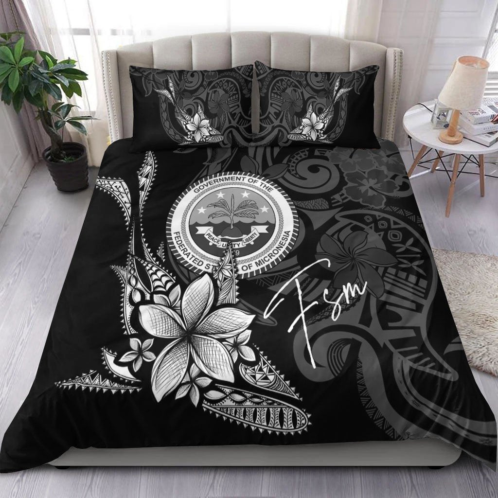 Federated States of Micronesia Bedding Set - Fish With Plumeria Flowers Style Black - Polynesian Pride