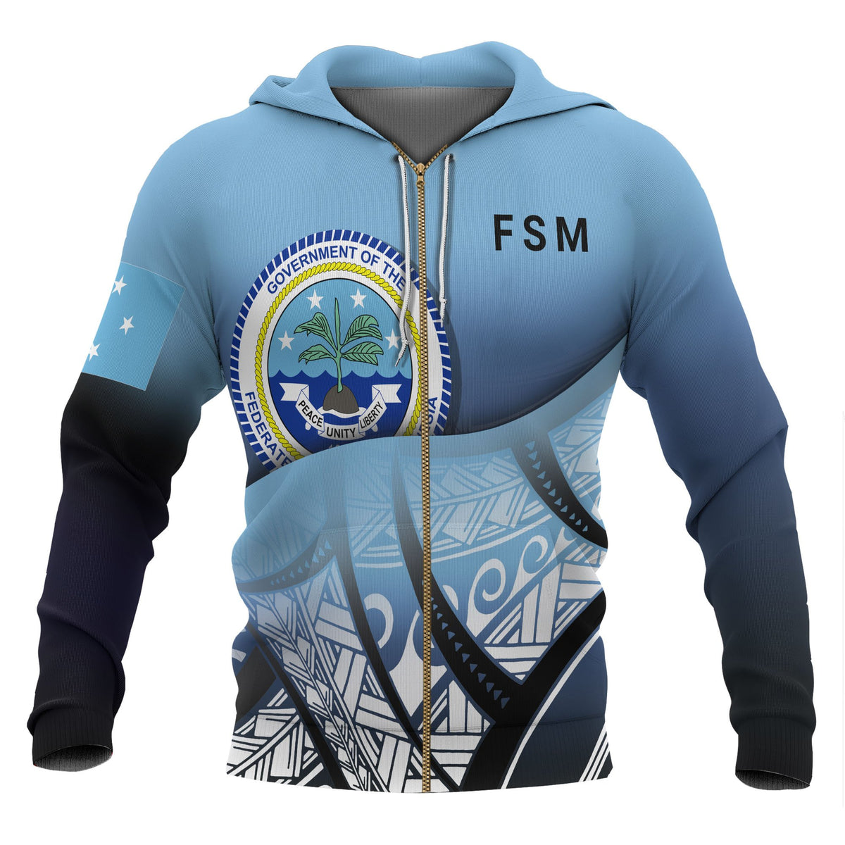 Federated States of Micronesia Coat of Arms Zip up Hoodie Polynesian Pattern Unisex Blue - Polynesian Pride