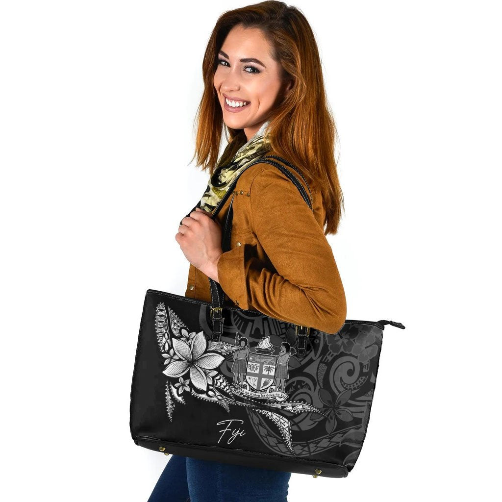 Fiji Leather Tote - Fish With Plumeria Flowers Style Black - Polynesian Pride