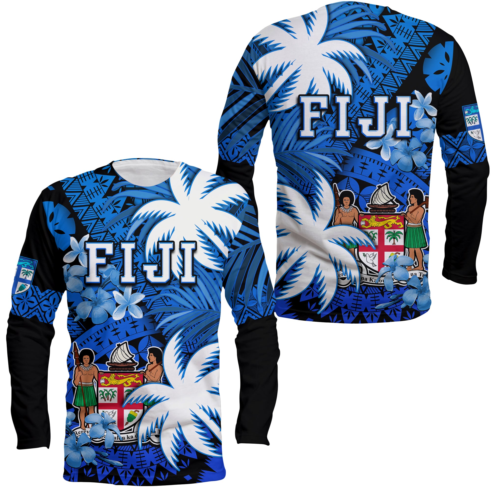 Fiji Coat Of Arms Long Sleeve Shirt Masi Tapa Mixed Palm Tree No2 Blue Version LT9 Unisex Blue - Polynesian Pride