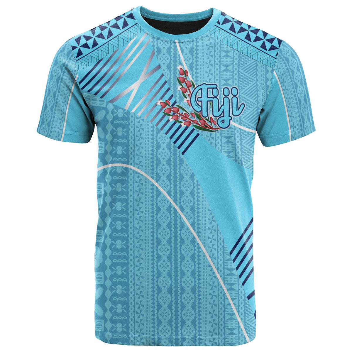 Fiji T Shirt Fijian Flowers With Seal Flag Color Unisex Blue - Polynesian Pride