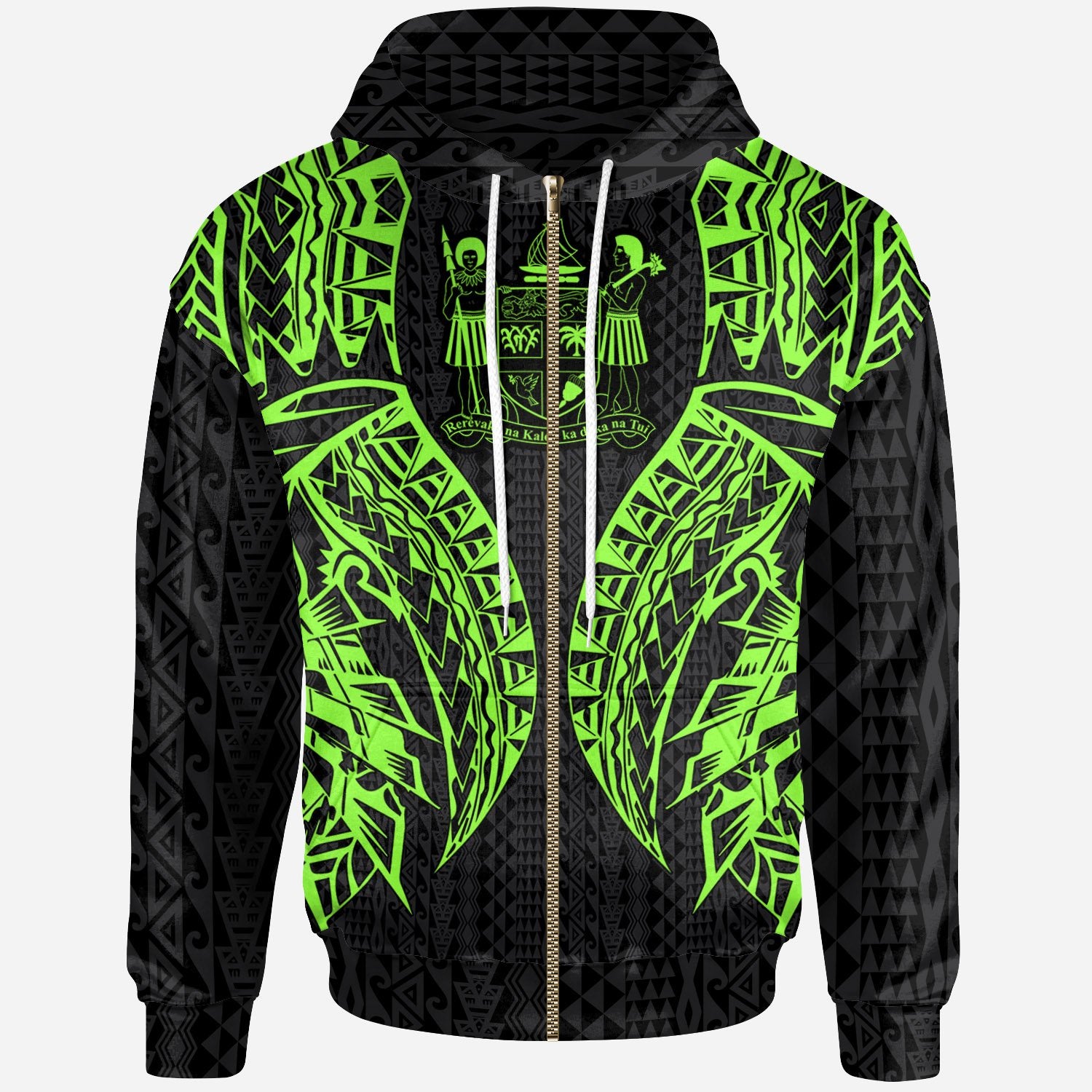 Fiji Zip up Hoodie Polynesian Lion Head Green Style Unisex Green - Polynesian Pride