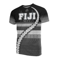 Fiji All Over T Shirt Fiji Coat of Arms Tribal Line Black White Unisex Black - Polynesian Pride