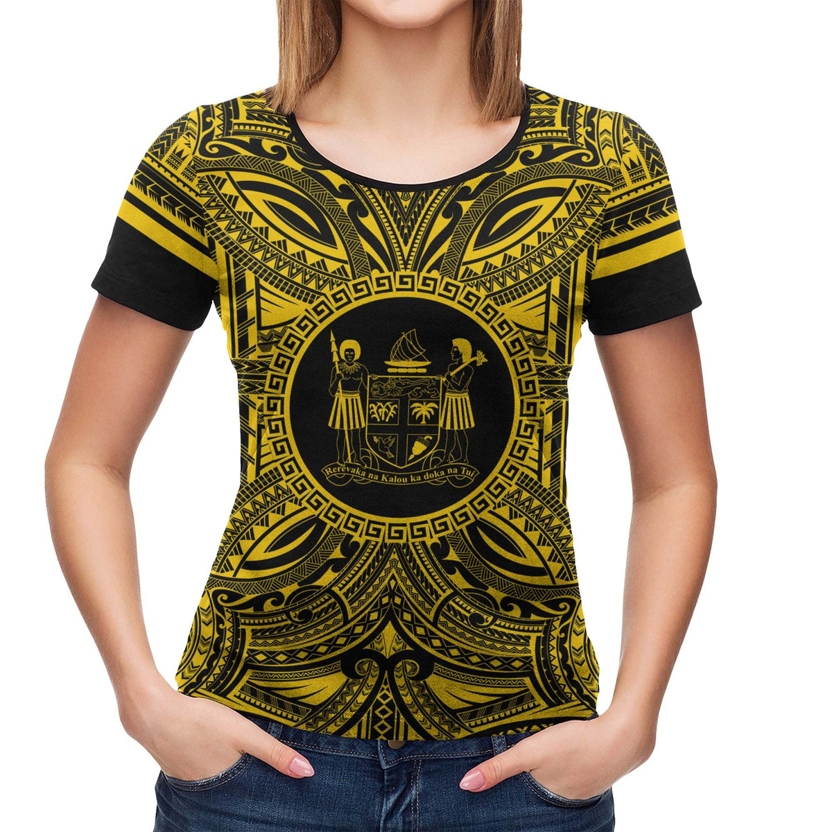 Fiji T Shirt Fijian Coat of Arms Polynesian Gold Black - Polynesian Pride