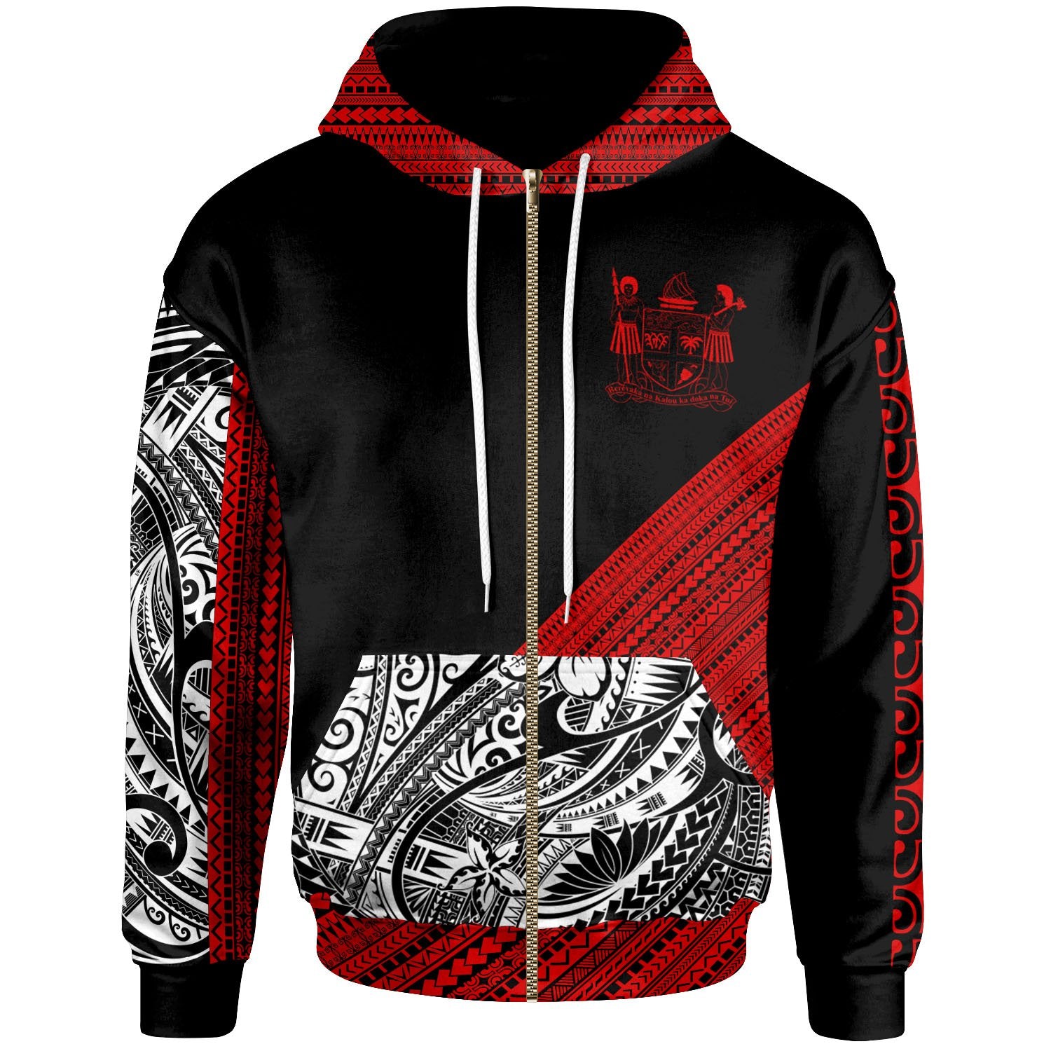 Fiji Custom Zip Hoodie Polynesian Diagonal Pattern Red Unisex Red - Polynesian Pride