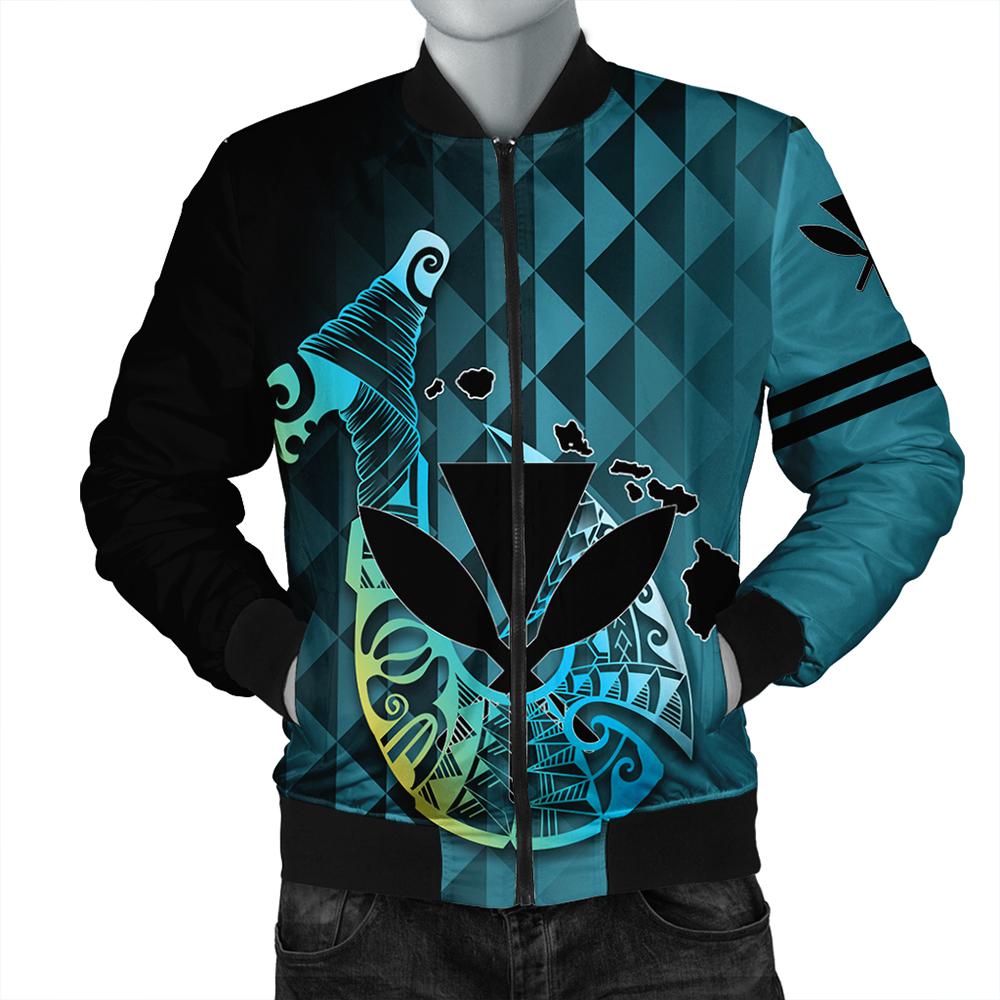 (Personalized) Hawaiian - Kanaka Fish Hook Men's Bomber Jacket - Diamond Style - AH Blue - Polynesian Pride