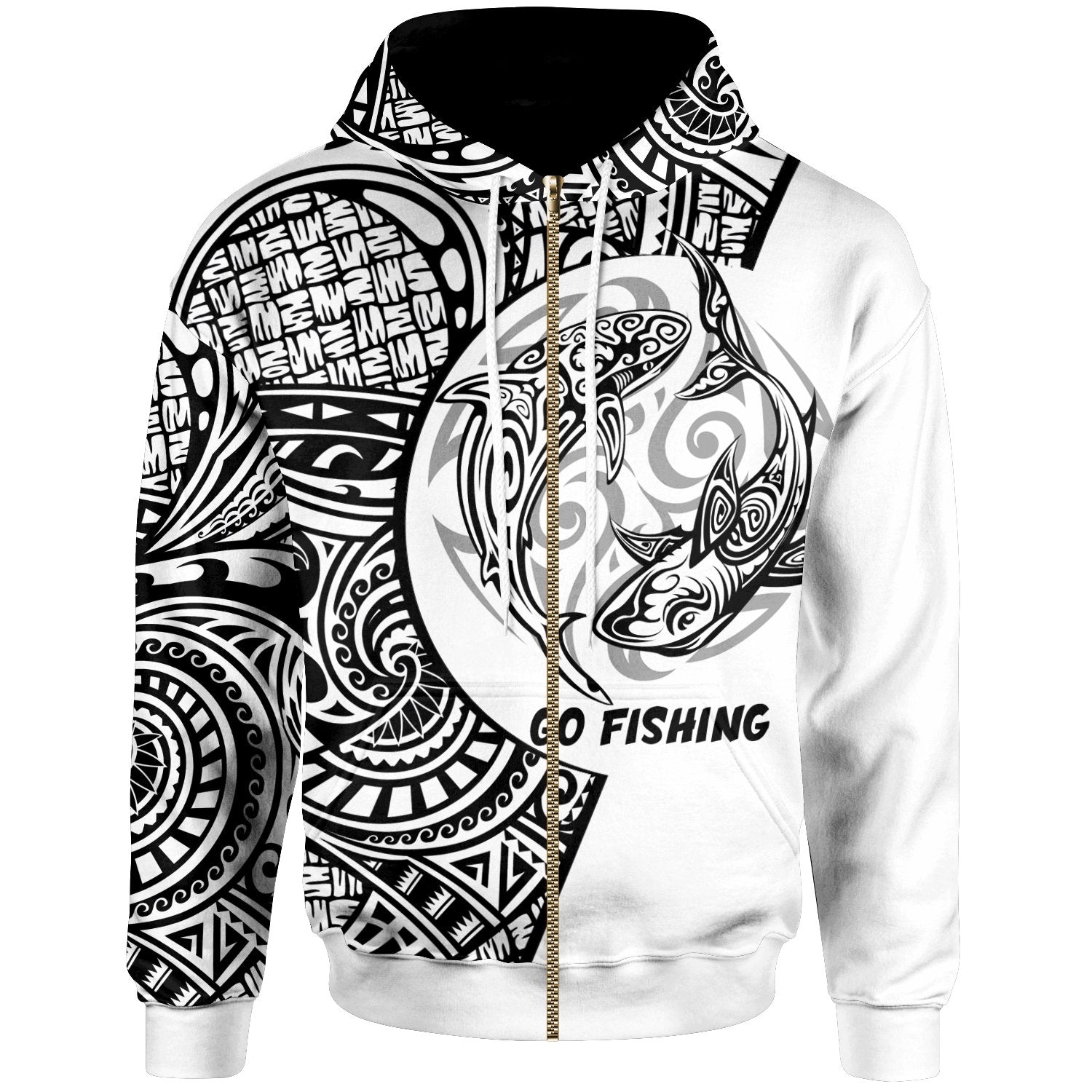 Polynesian Zip up Hoodie Fishing Makes Me Happy Unisex White - Polynesian Pride