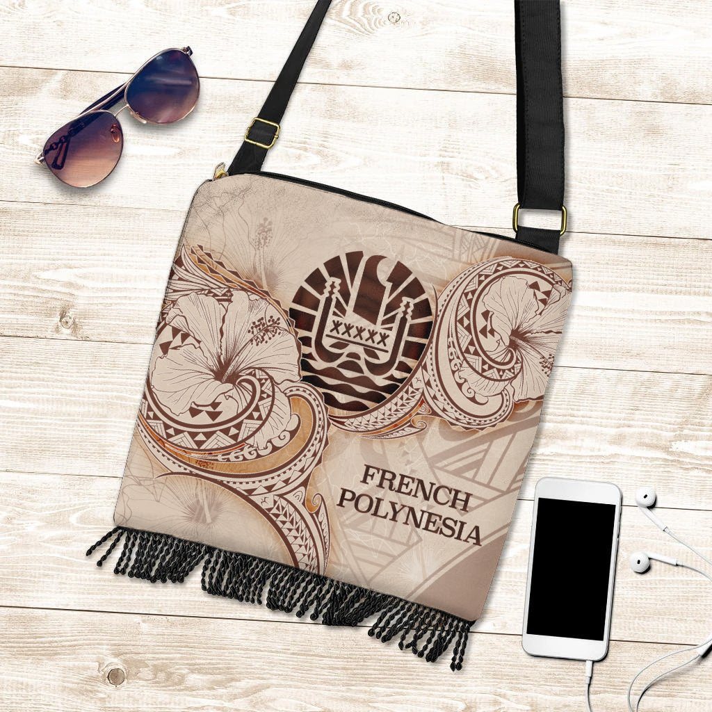 French Polynesia Boho Handbag - Hibiscus Flowers Vintage Style One Size Boho Handbag Nude - Polynesian Pride