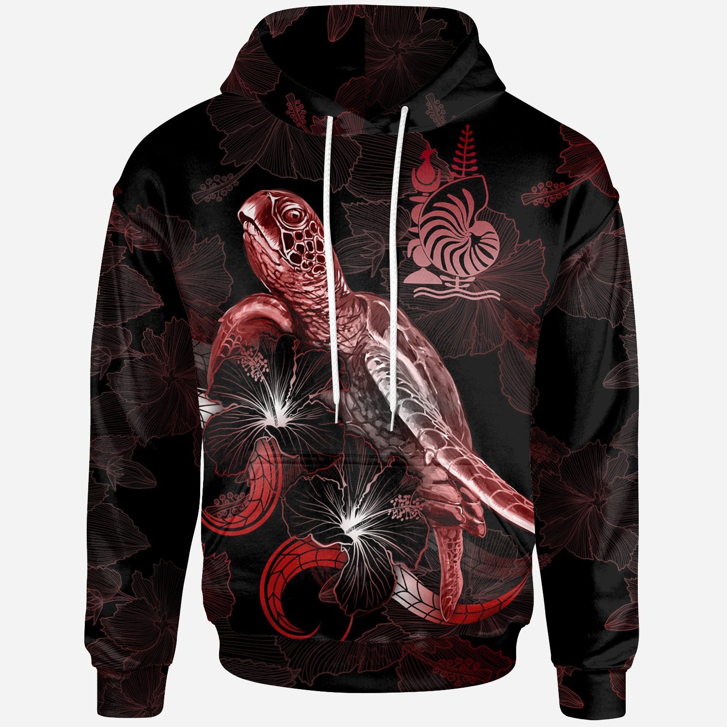 New Caledonia Polynesian Hoodie Turtle With Blooming Hibiscus Red Unisex Red - Polynesian Pride