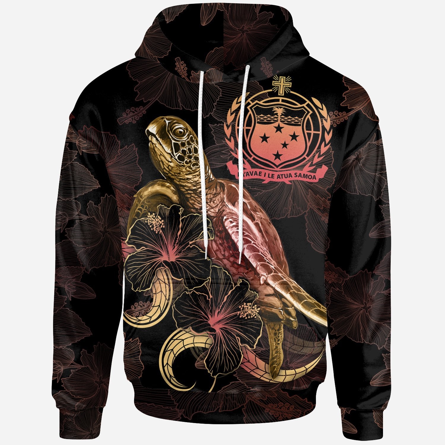 Samoa Polynesian Hoodie Turtle With Blooming Hibiscus Gold Unisex Gold - Polynesian Pride