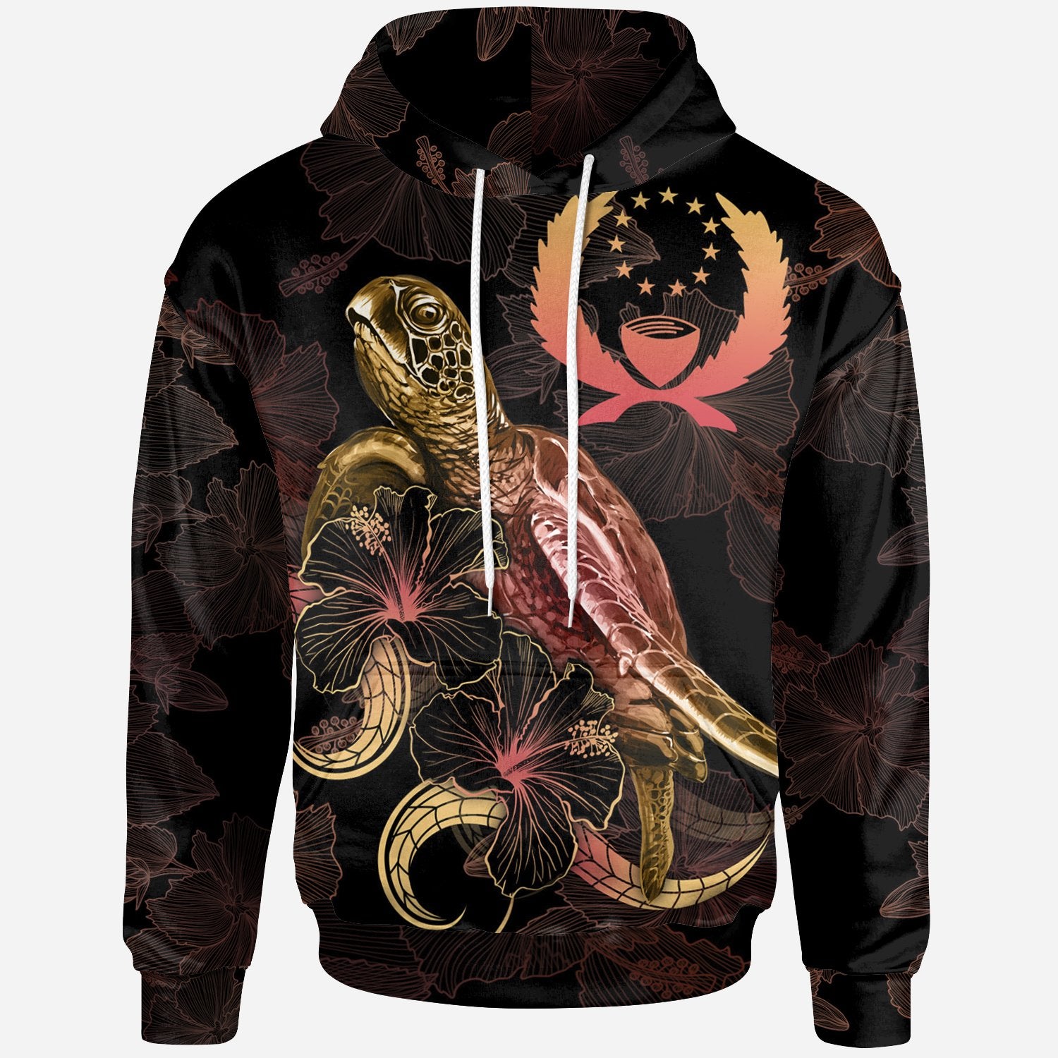 Pohnpei Polynesian Hoodie Turtle With Blooming Hibiscus Gold Unisex Gold - Polynesian Pride